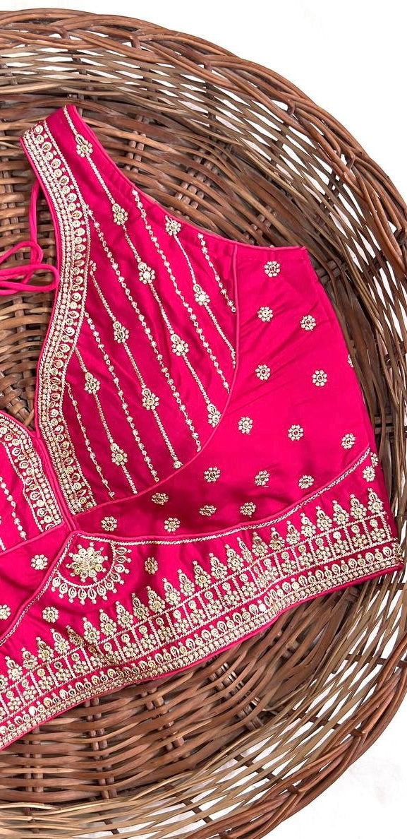 Pink Thread Work Heavu Silk V-Neck Readymade Blouse