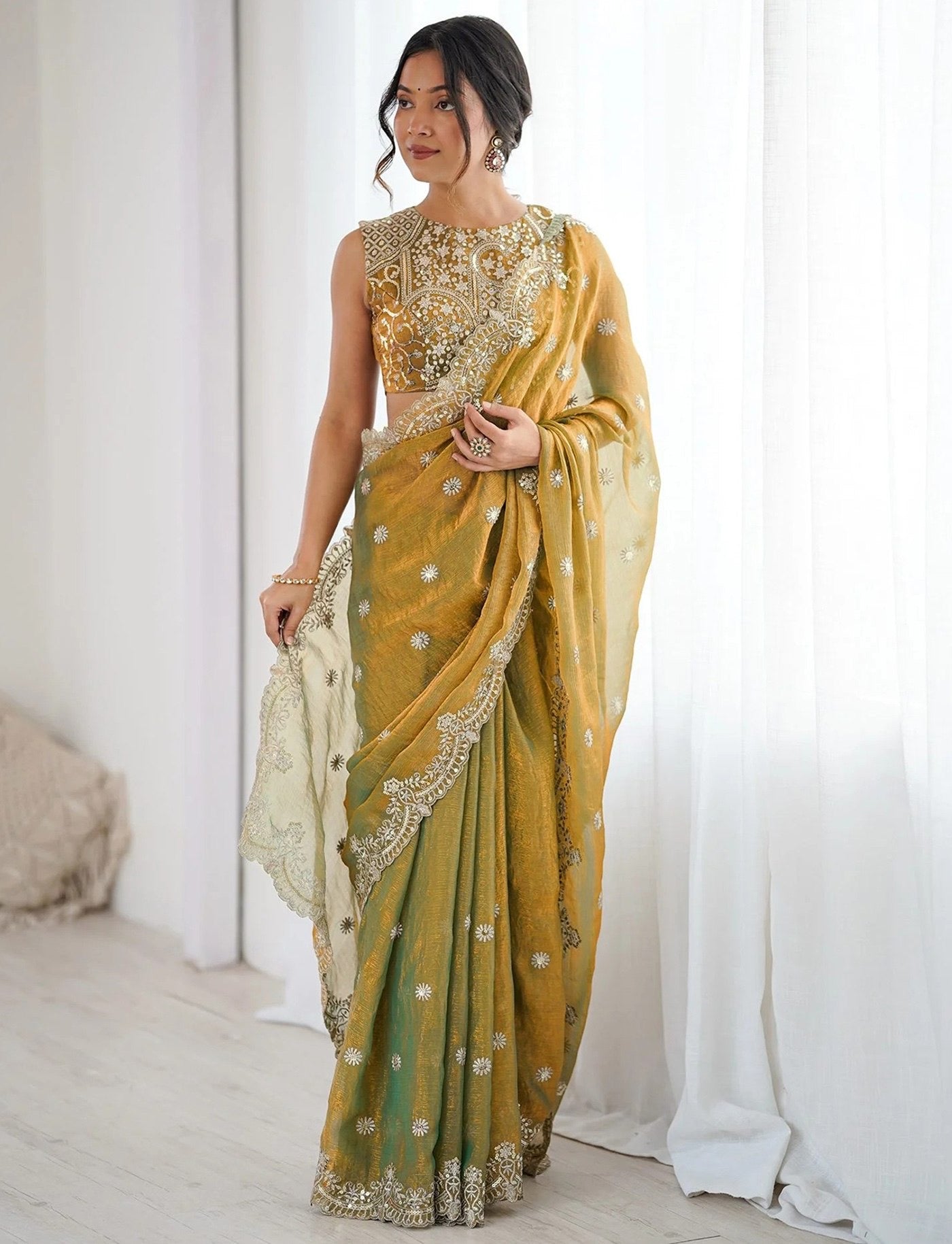 Green Fandy Facbric Designer Work Party Wear Saree