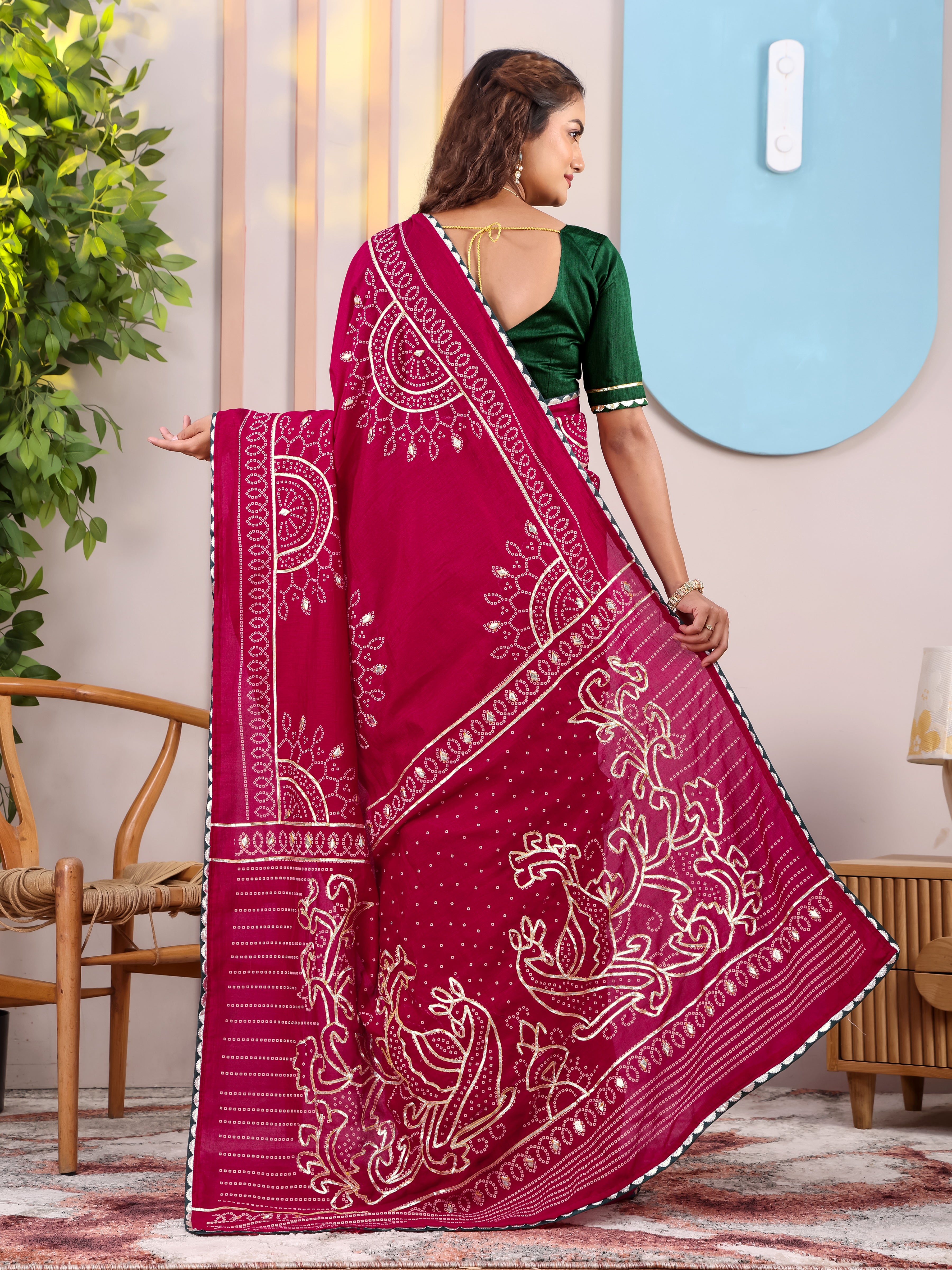 Maroon Bandhani On Pure Vichitra Silk Saree with Gota Patti Work