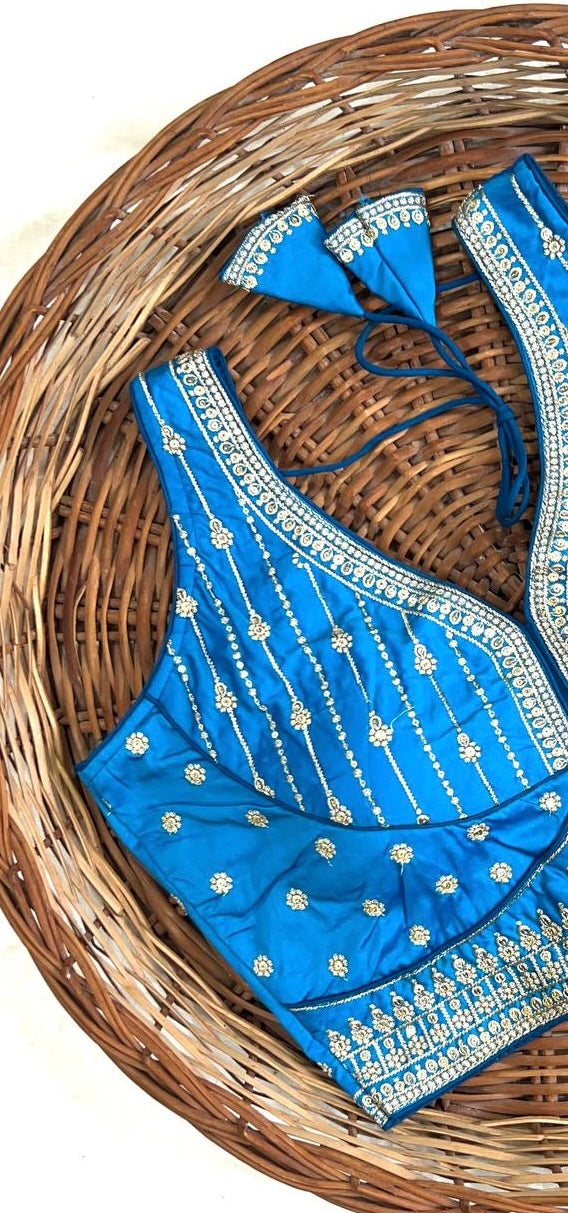 Blue Thread Work Heavu Silk V-Neck Readymade Blouse