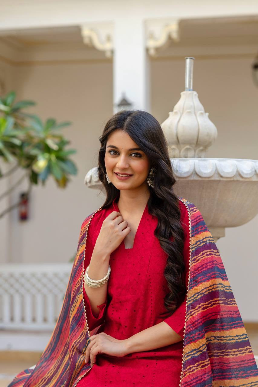 Red Roman Silk Chikan kari Work Kurti Set 