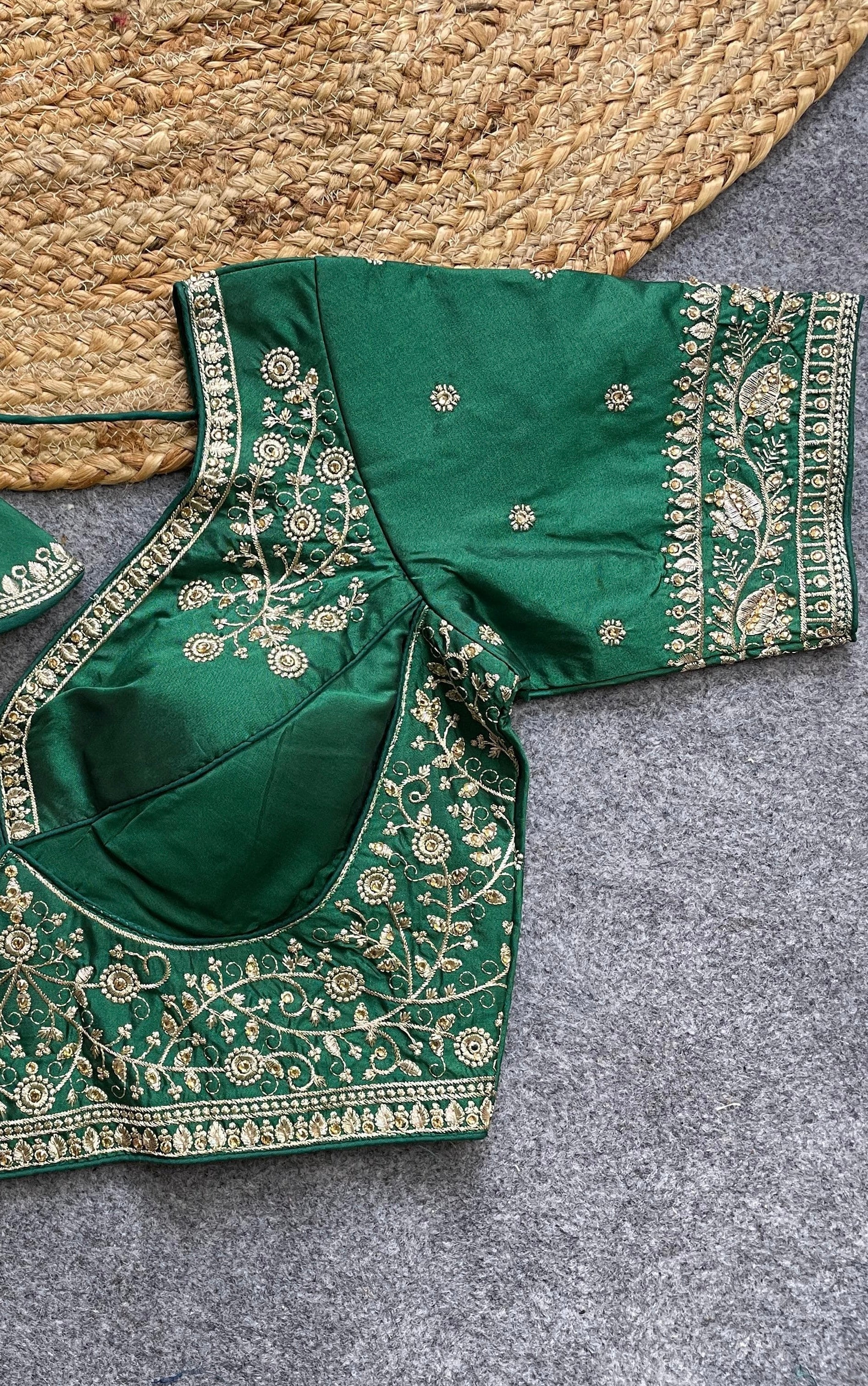 Dark Green Handwork Heavy Silk Katori Pattern Readymade Blouse