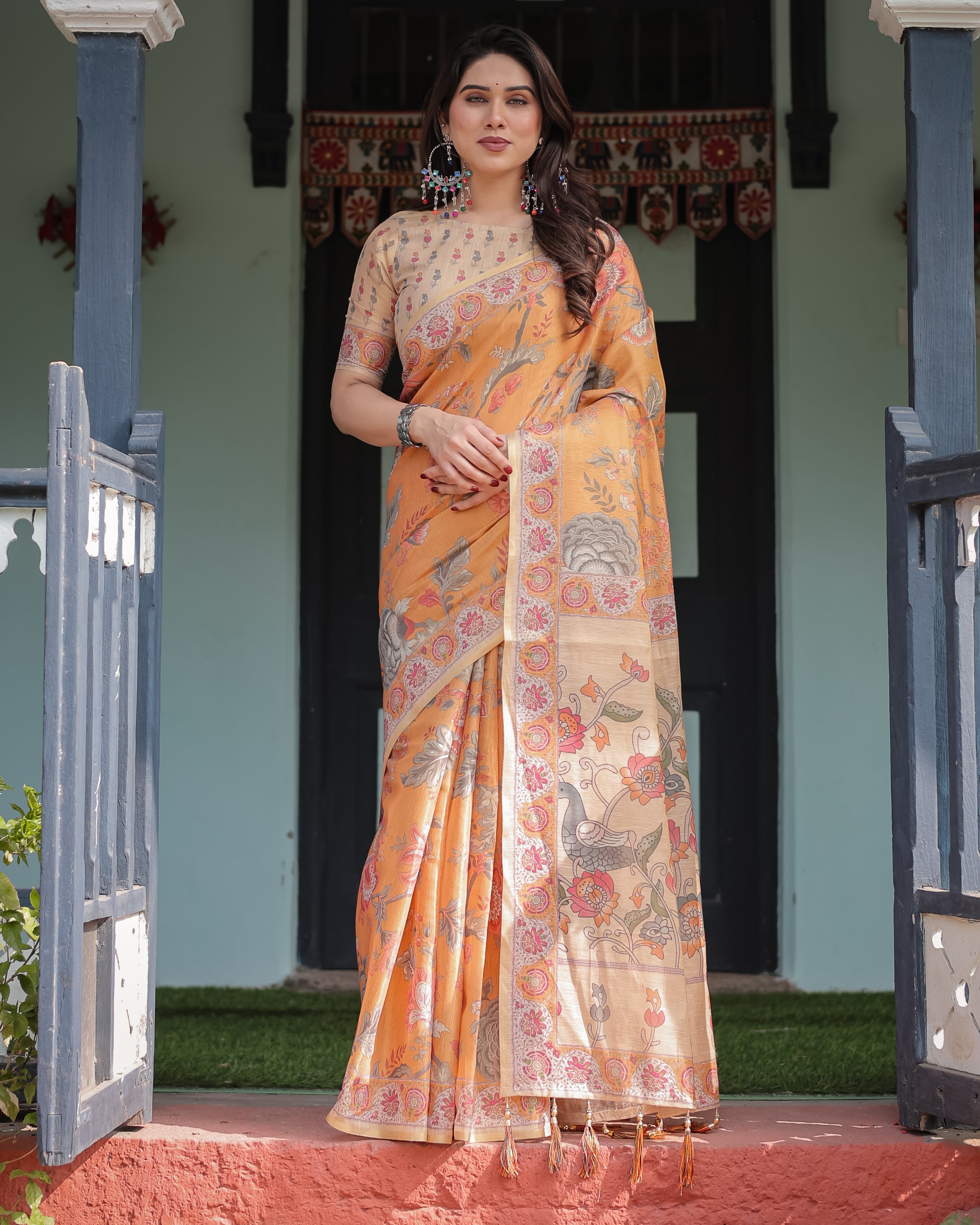 Orange Handloom Floral Border With Ethnic Detailing Saree