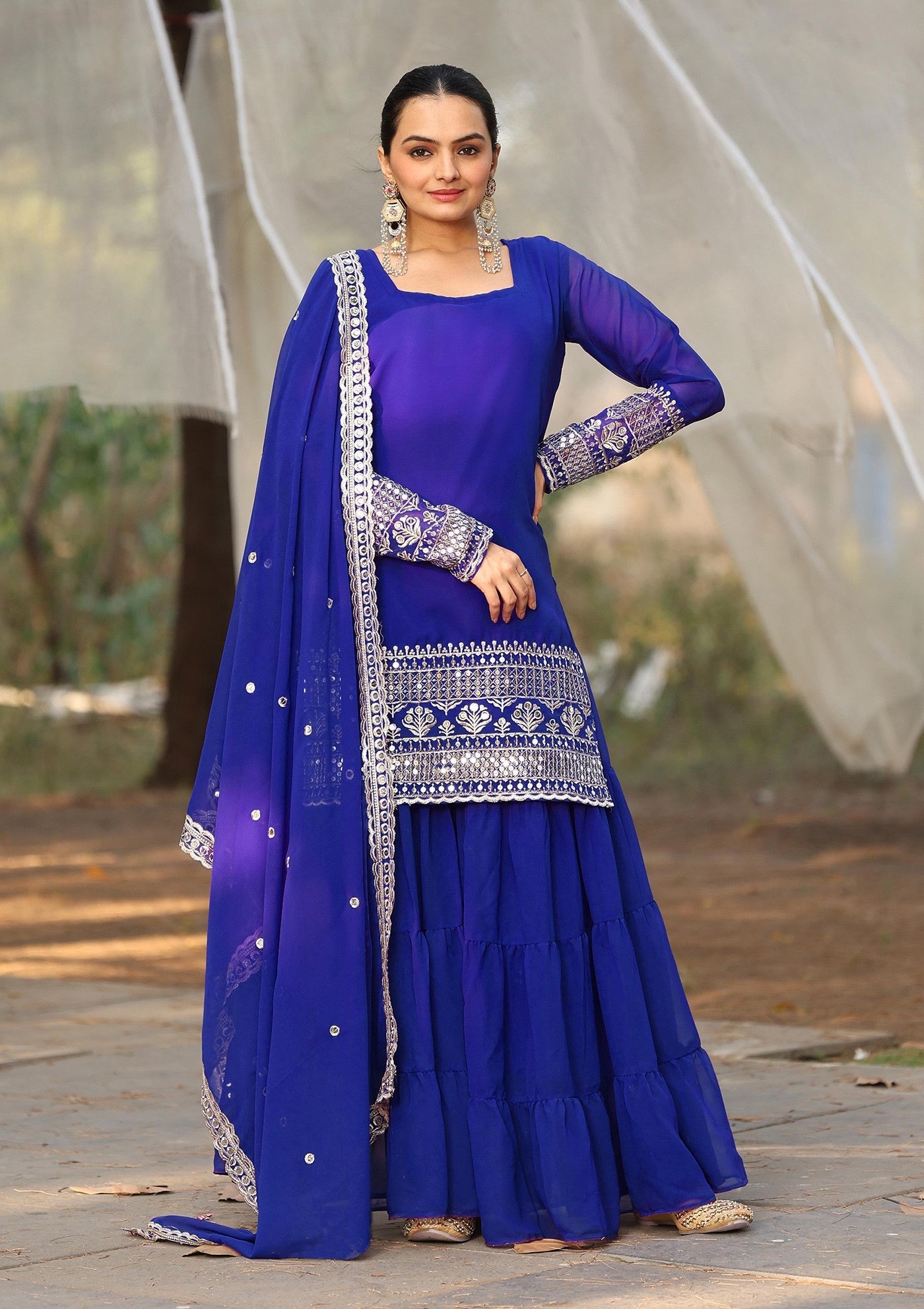 Blue Georgette Embroidered Kurta Sharara Set