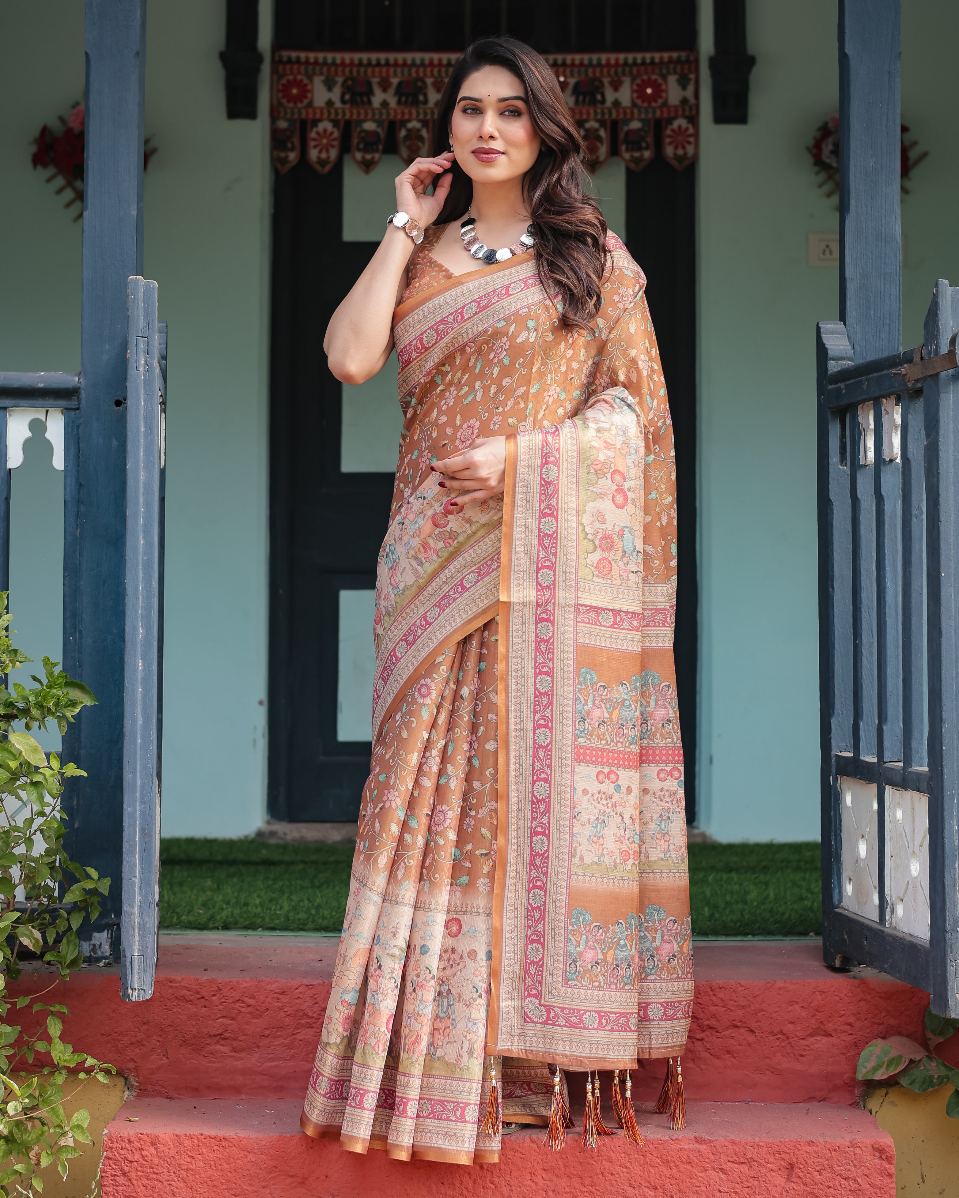 Mustard Tan Handloom Floral Print With Ethnic Pattern Saree