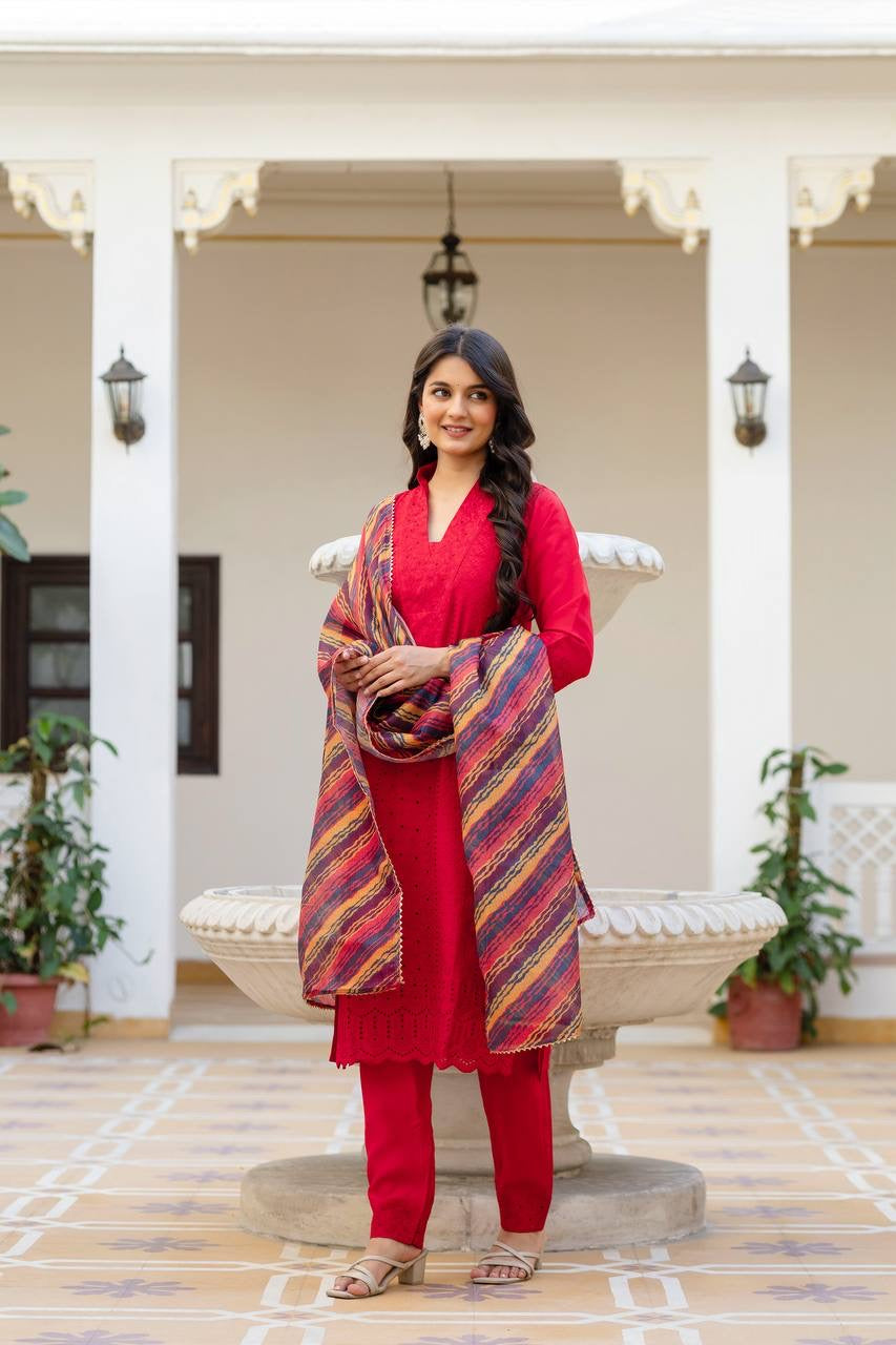 Red Roman Silk Chikan kari Work Kurti Set 