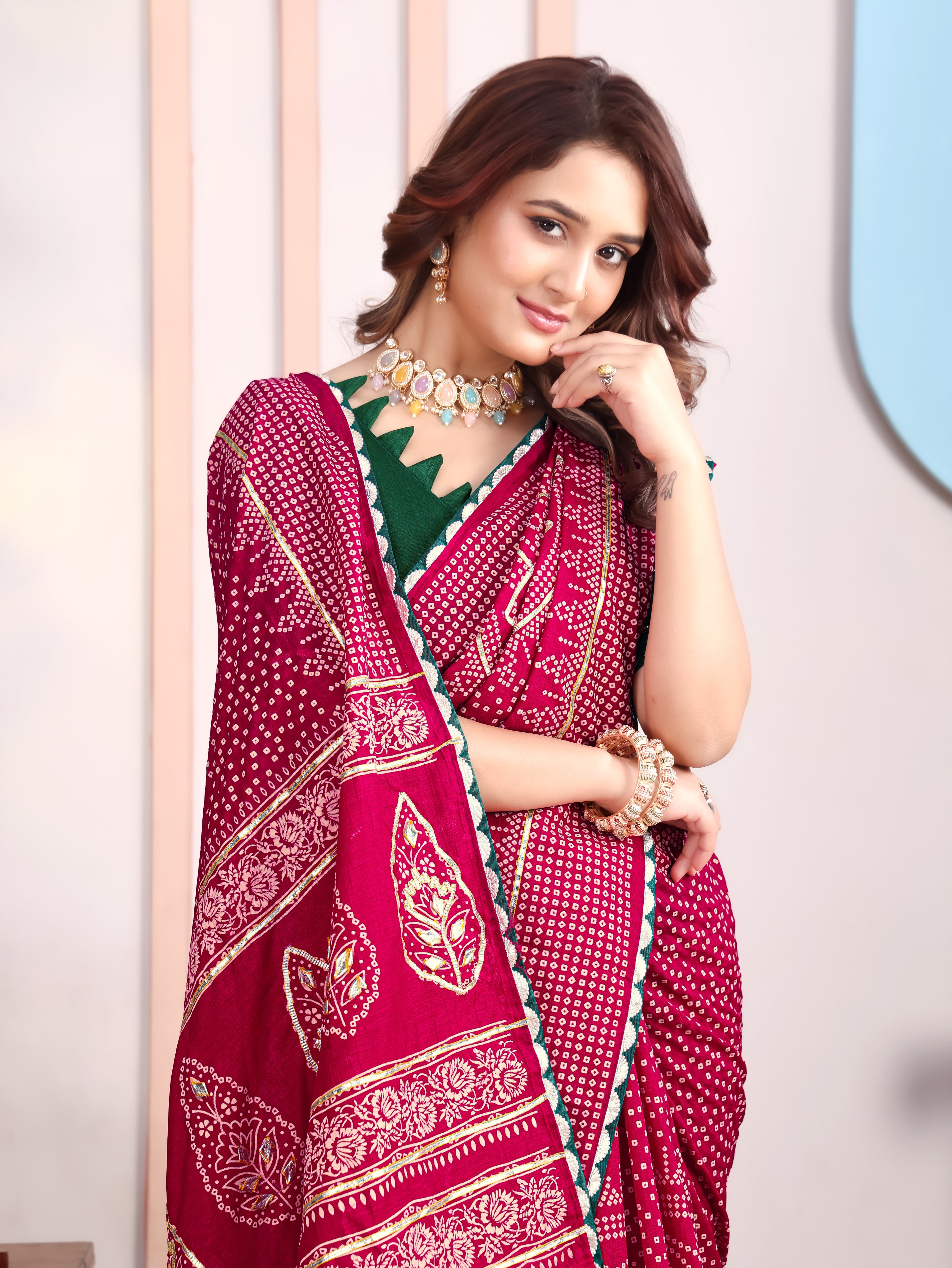 Maroon Asopalav Bandhani On Pure Vichitra Silk Saree with Gota Patti Work