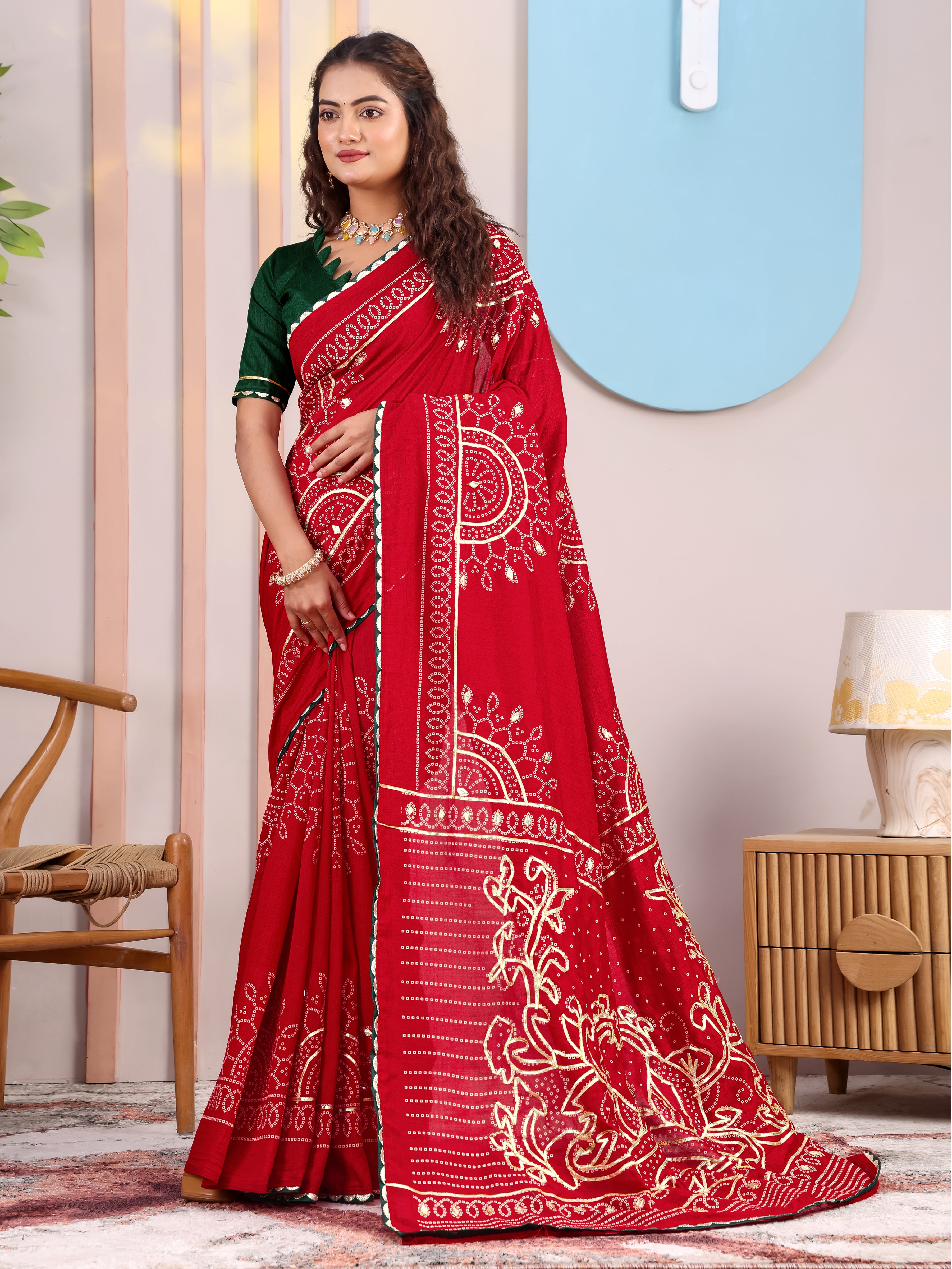 Red Bandhani On Pure Vichitra Silk Saree with Gota Patti Work