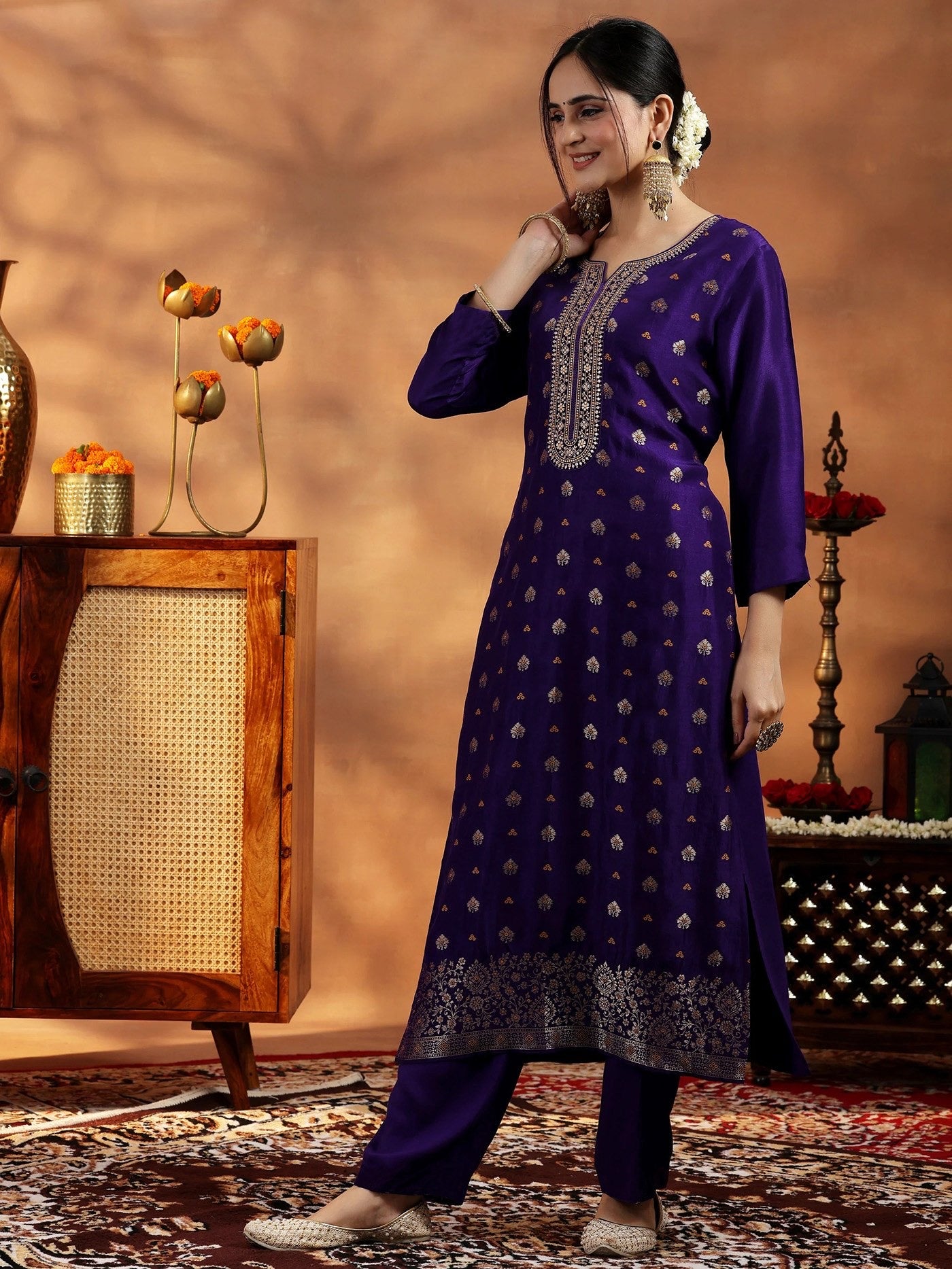 Violet Art Silk Embroidered And Weaving Kurta Set 