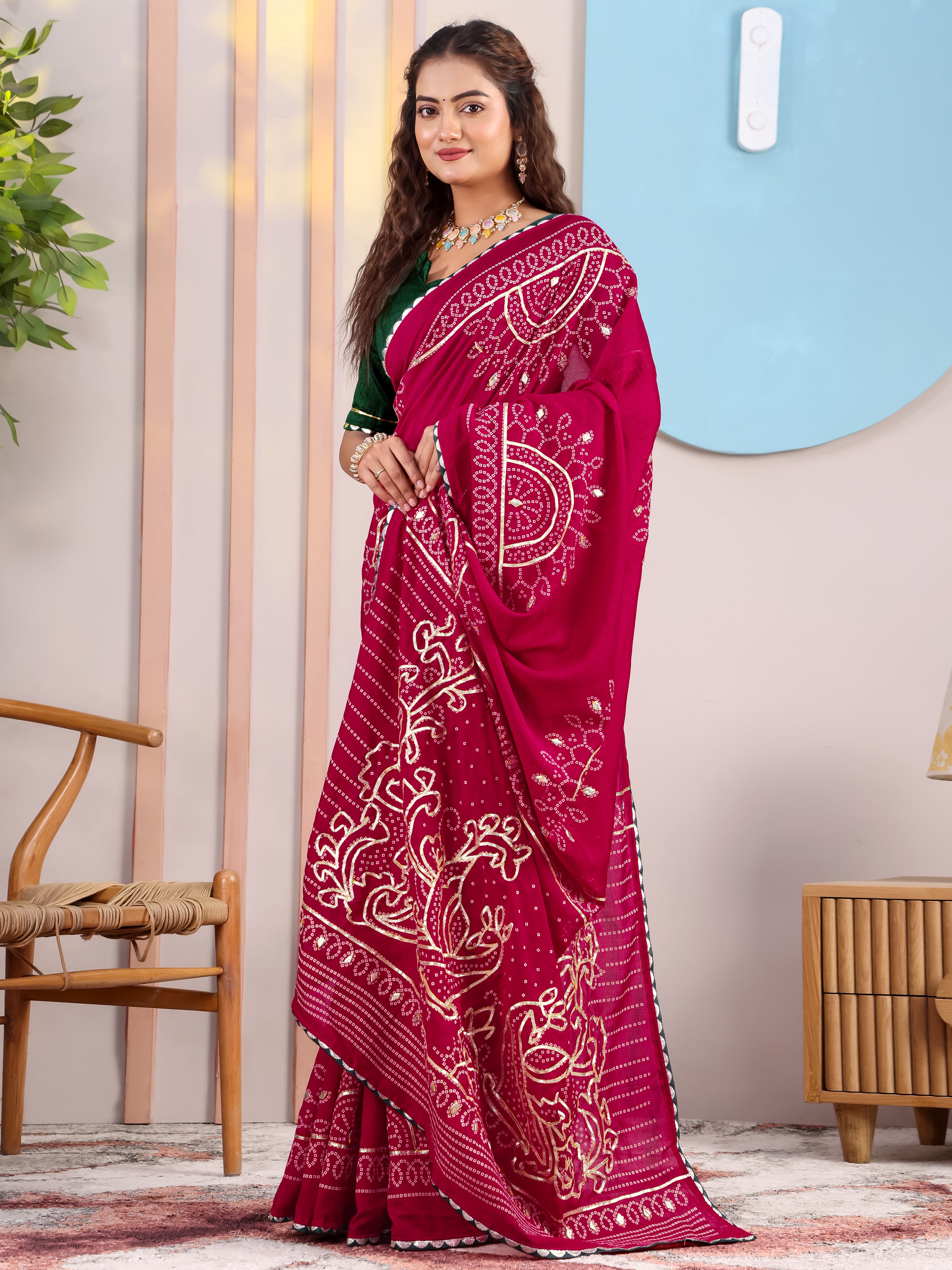 Maroon Bandhani On Pure Vichitra Silk Saree with Gota Patti Work