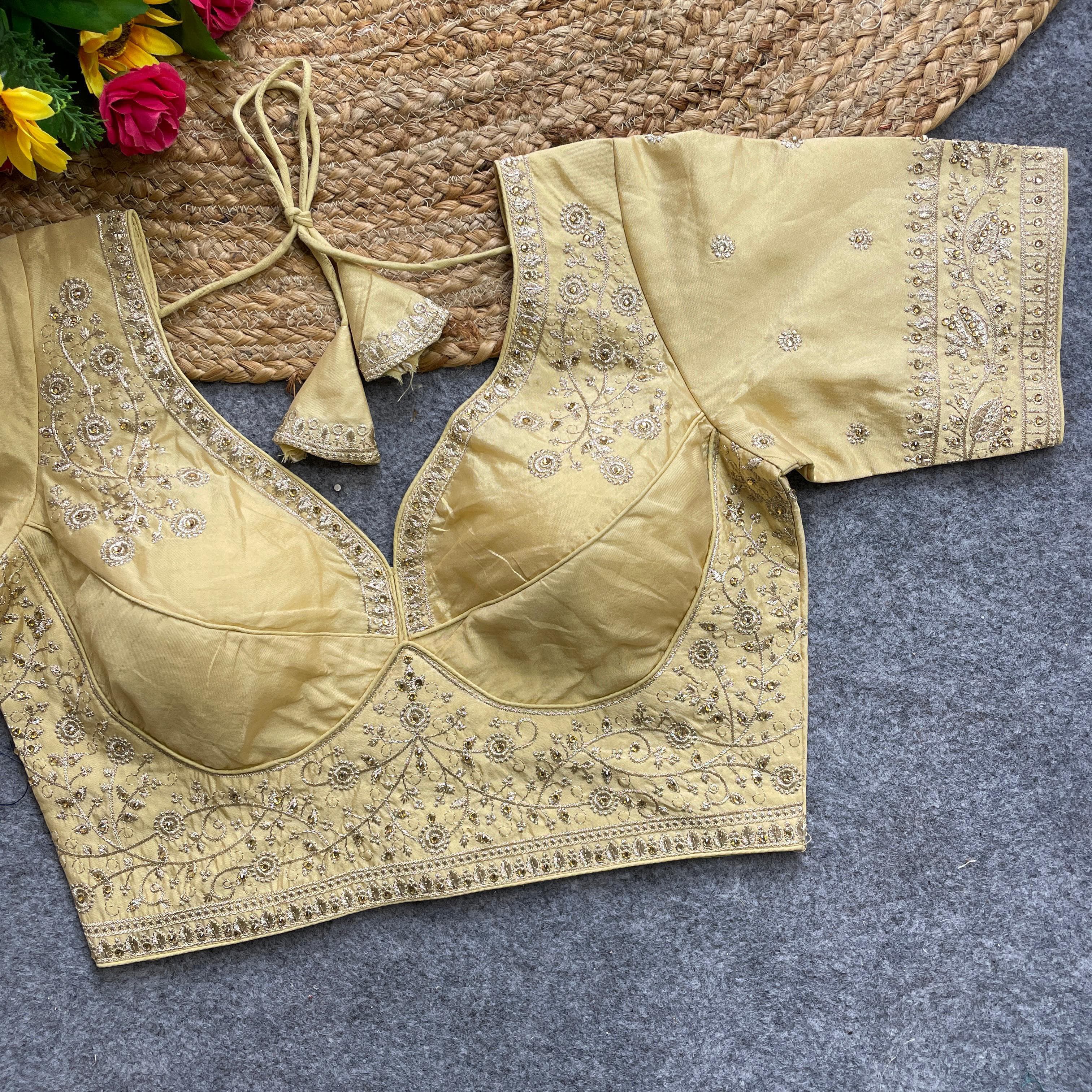 Yellow Handwork Heavy Silk Katori Pattern Readymade Blouse