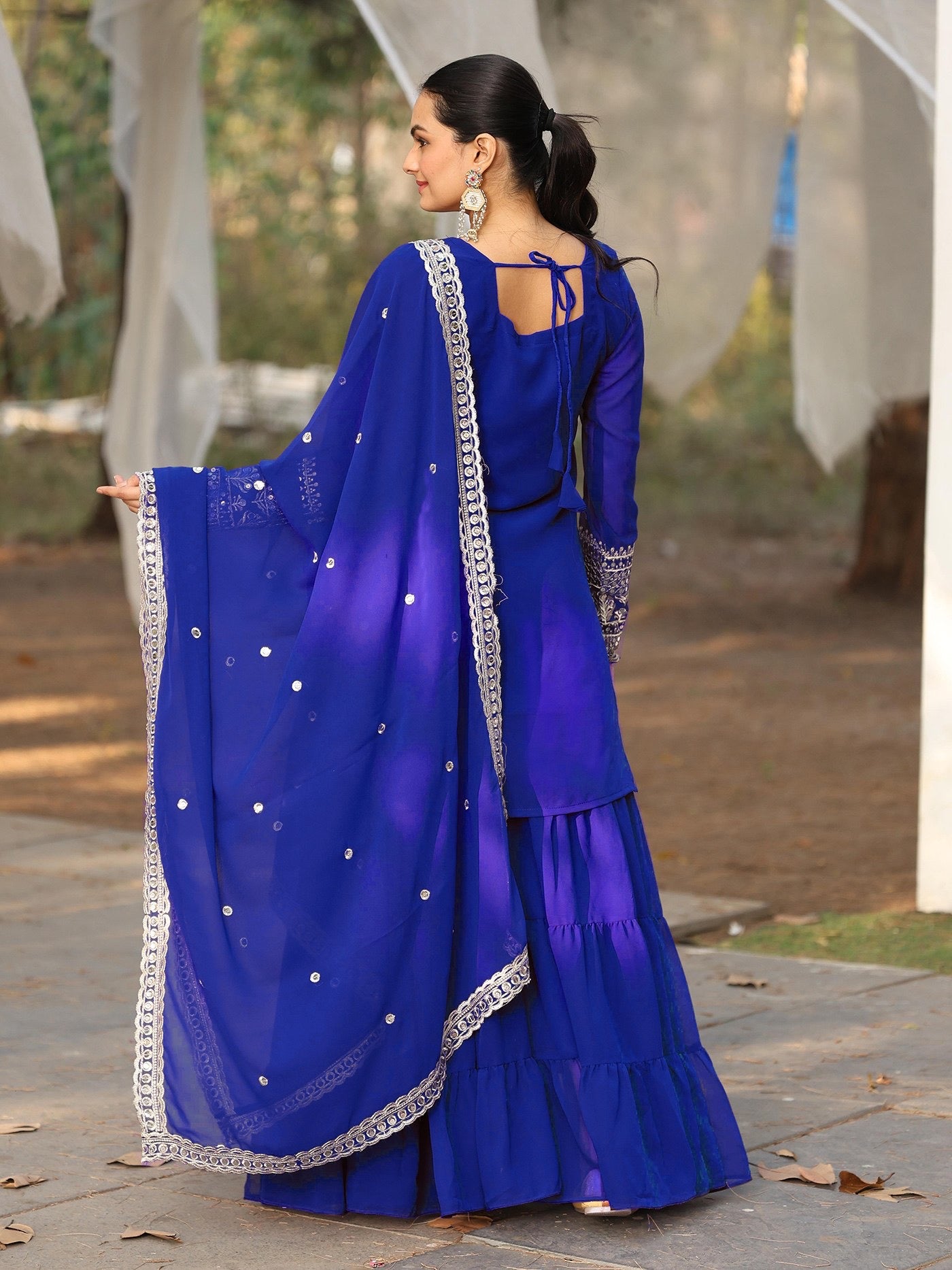 Blue Georgette Embroidered Kurta Sharara Set