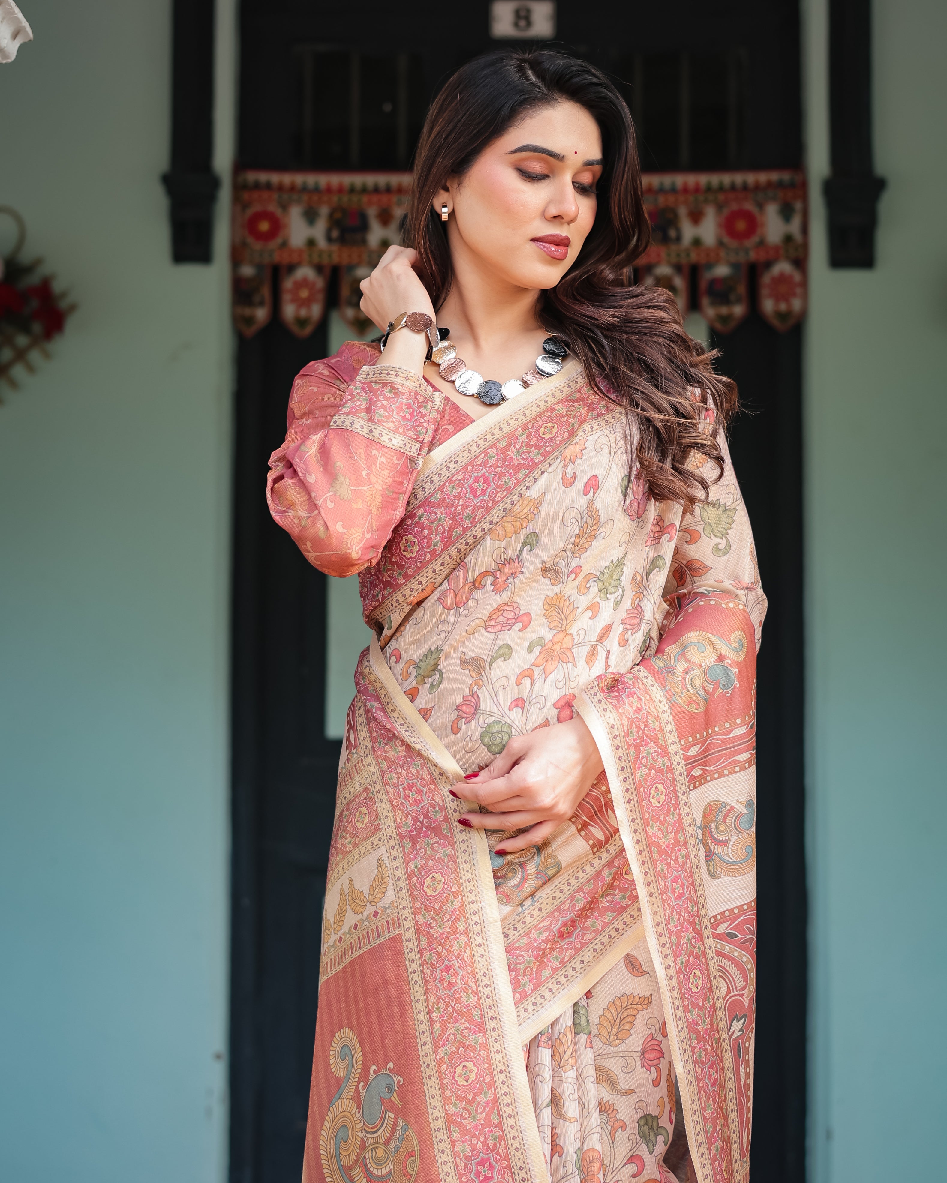 Rose Pink Handloom Floral Print With Ethnic Border Sraee