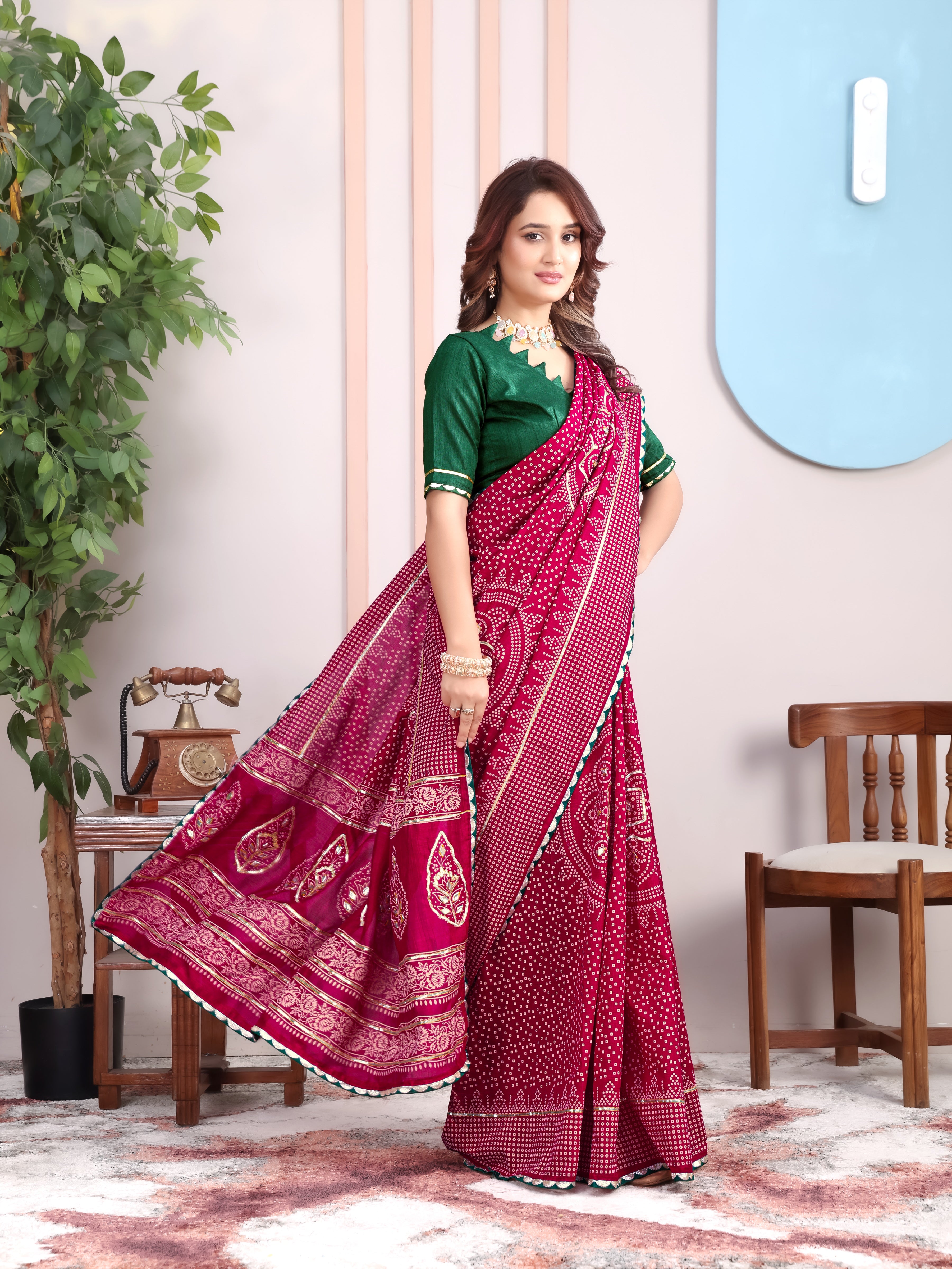 Maroon Asopalav Bandhani On Pure Vichitra Silk Saree with Gota Patti Work