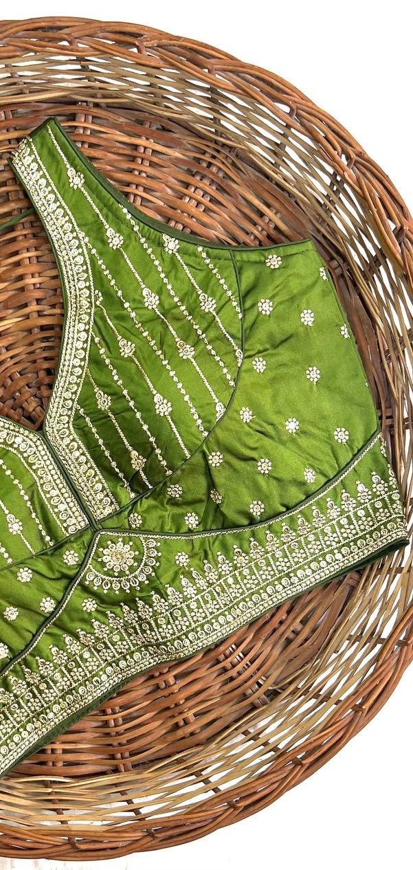 Leaf Green Thread Work Heavy Silk V-Neck Readymade Blouse
