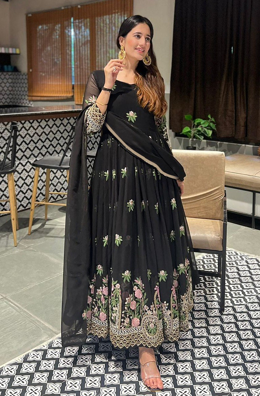 Embroidered Georgette Stitched Anarkali Gown With Dupatta 