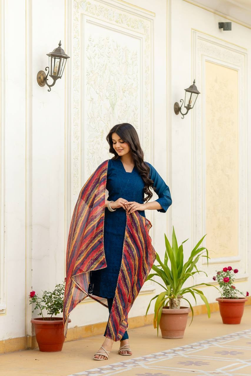 Blue Roman Silk Chikan kari Work Kurti Set 