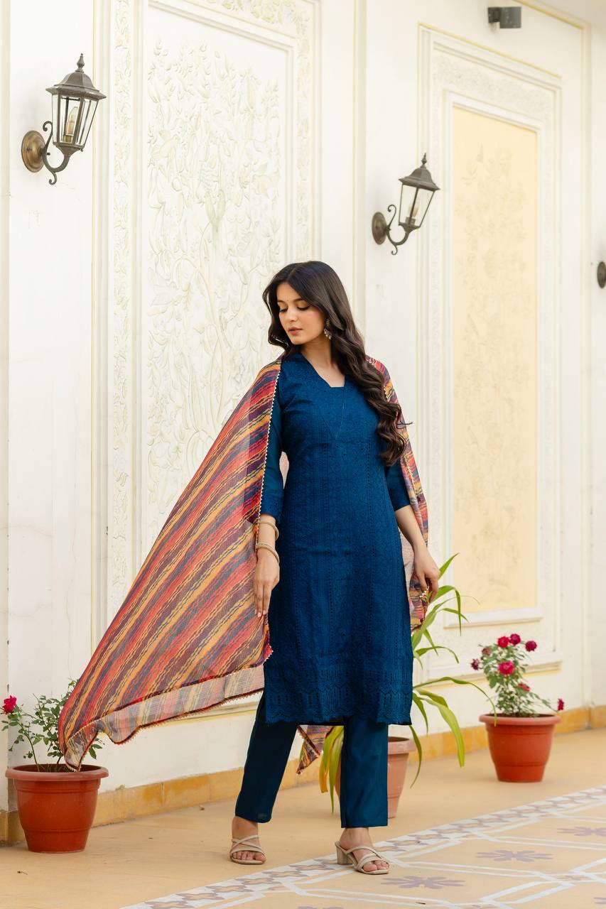 Blue Roman Silk Chikan kari Work Kurti Set 