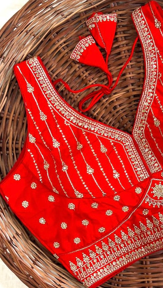 Red Thread Work Heavy Silk V-Neck Readymade Blouse