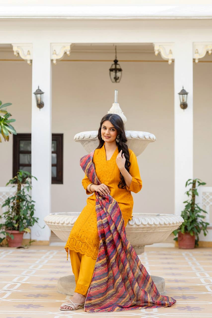 Yellow Roman Silk Chikan kari Work Kurti Set