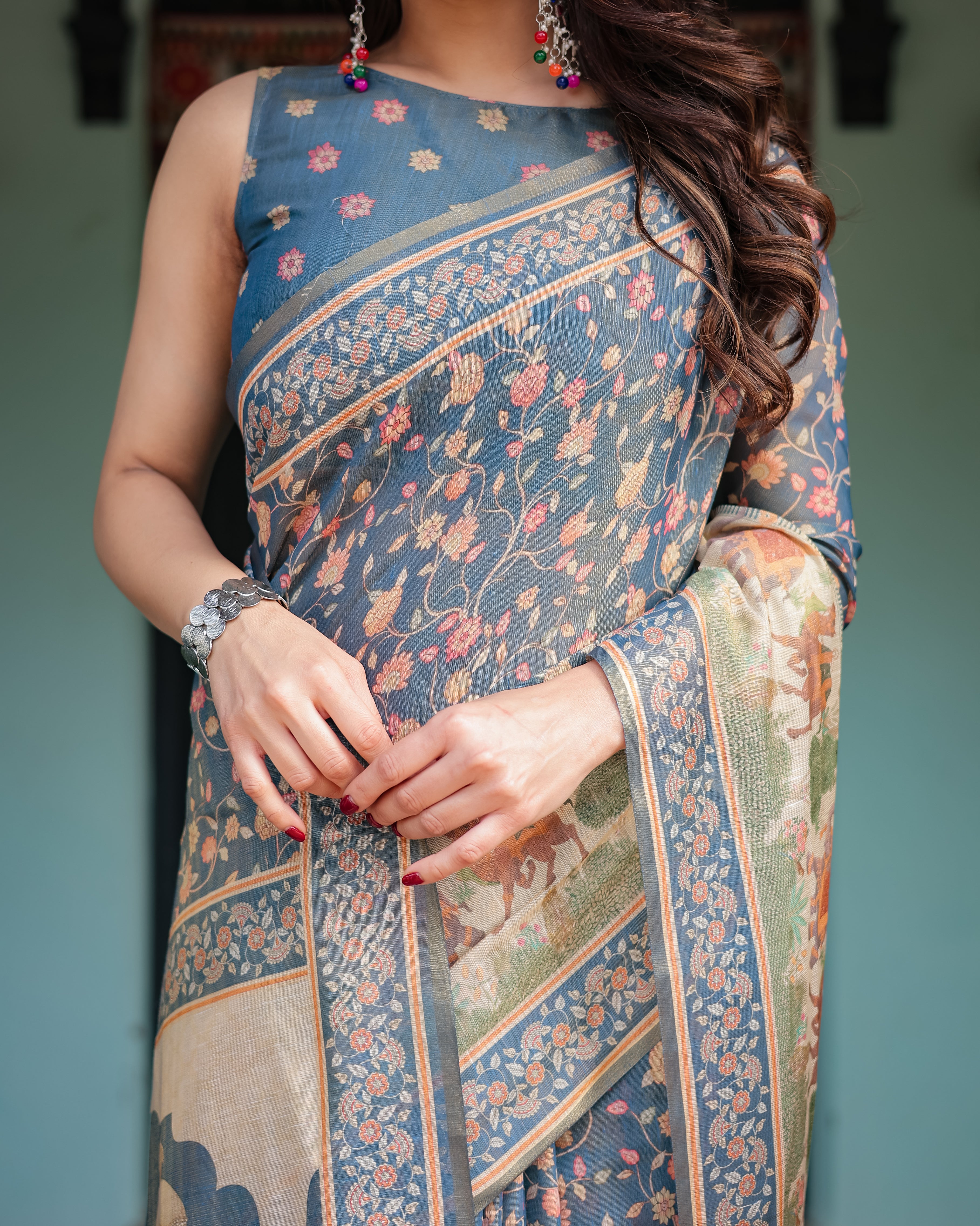 Slate Blue Handloom Floral Printed Border Saree 