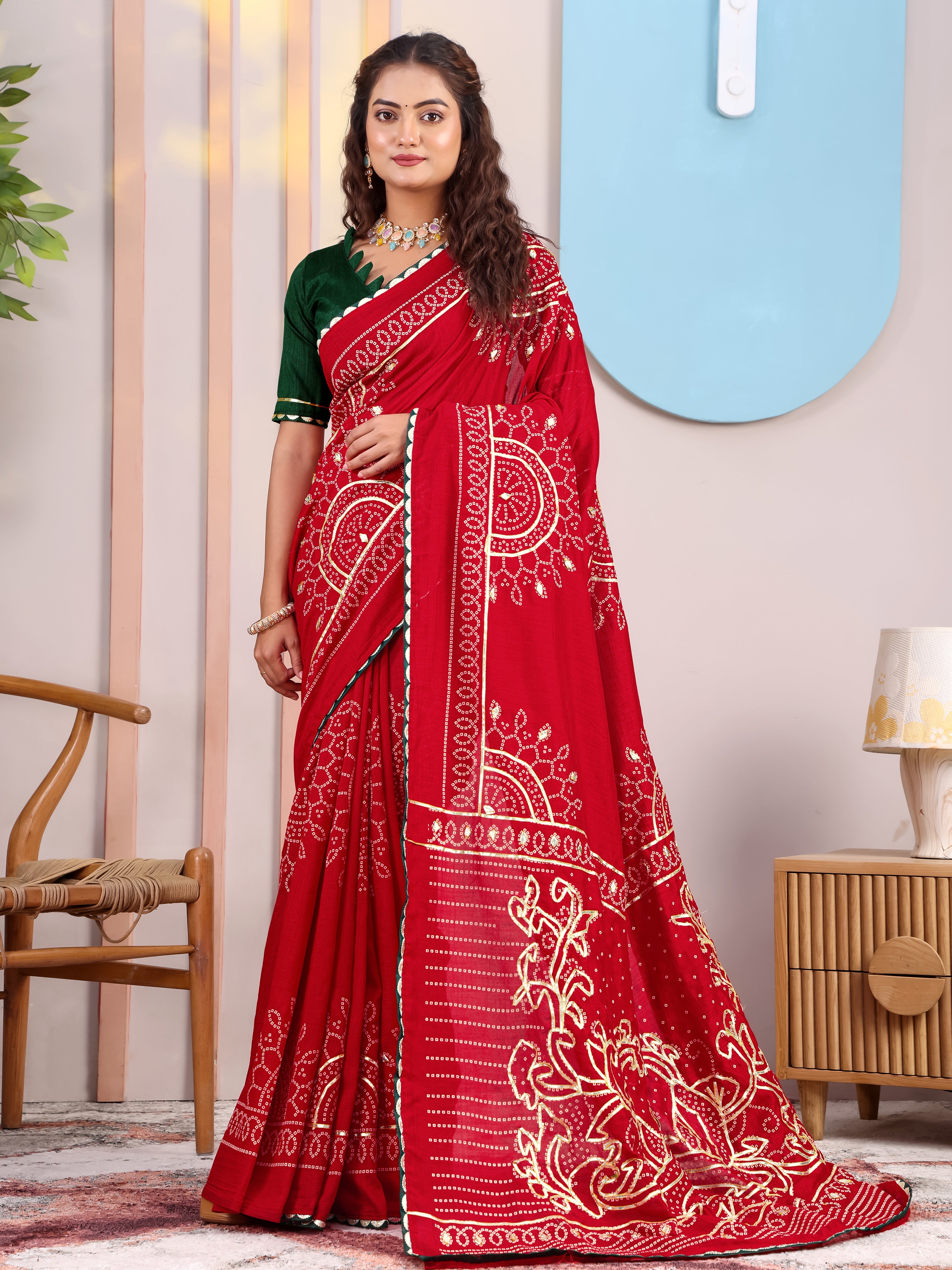 Red Bandhani On Pure Vichitra Silk Saree with Gota Patti Work