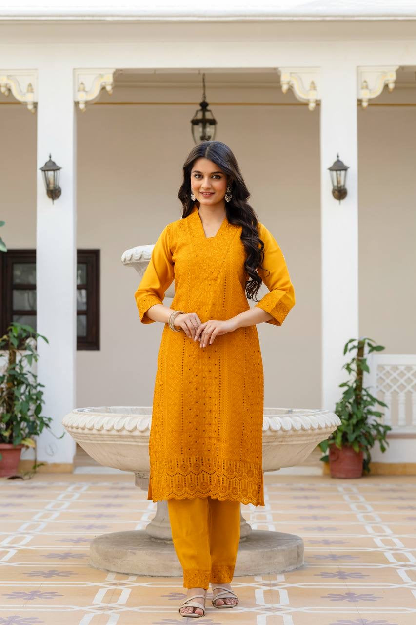 Yellow Roman Silk Chikan kari Work Kurti Set