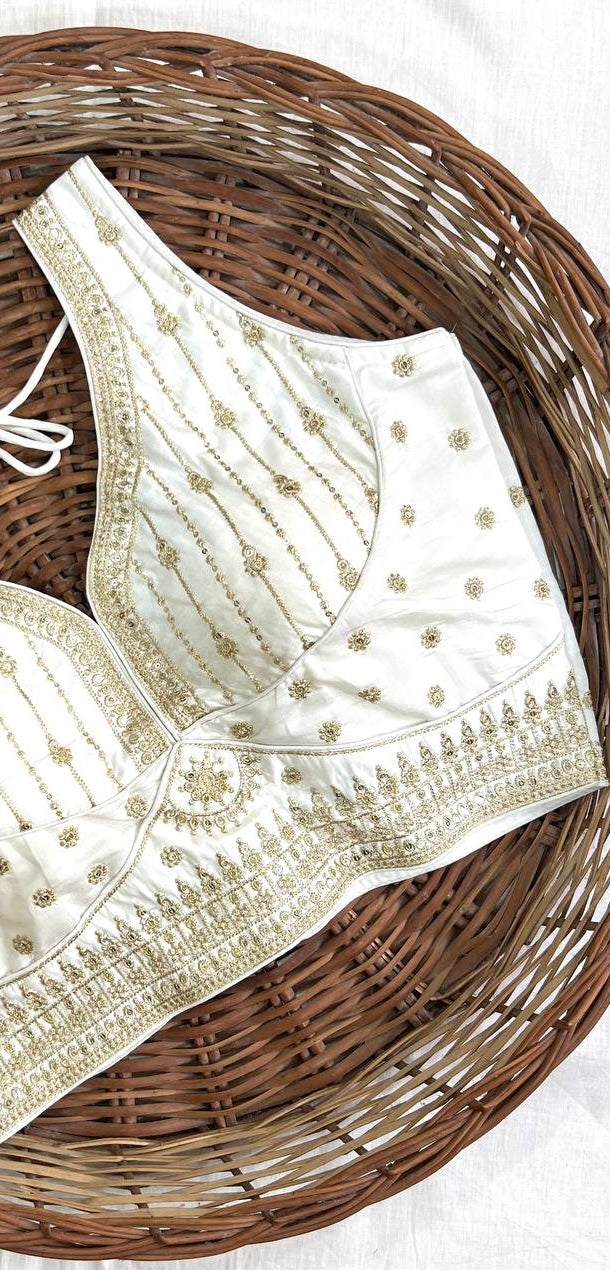 White Thread Work Heavy Silk V-Neck Readymade Blouse