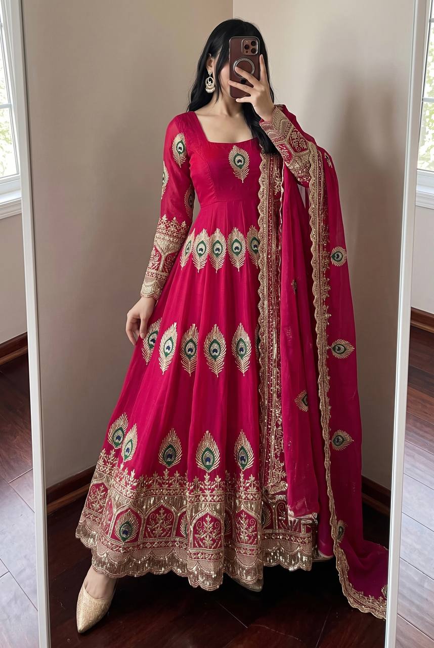 Red Heavy Fandy Silk Embroidery Threads And Zari Sequins Work Suit Set 