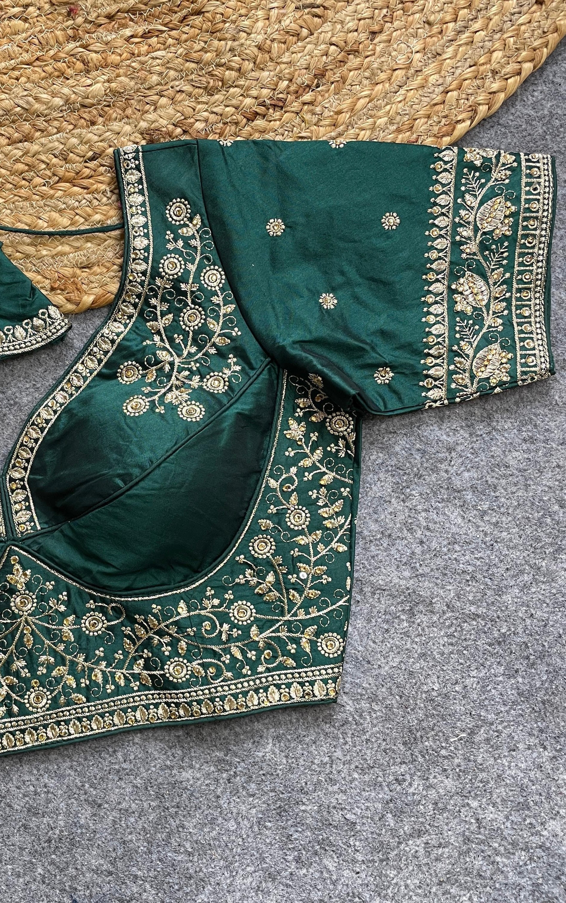 Green Handwork Heavy Silk Katori Pattern Readymade Blouse