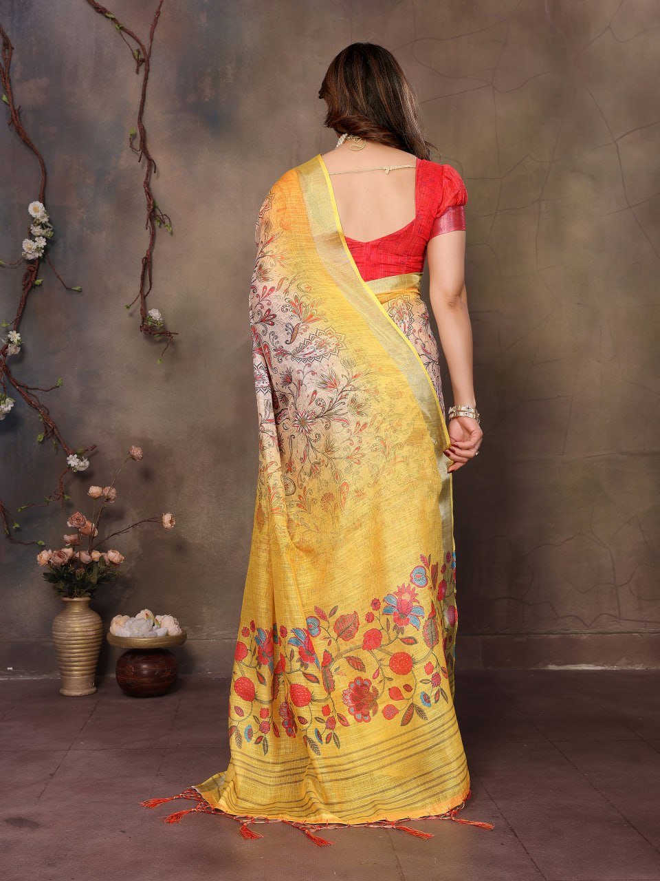 Back View Yellow Cotton Linen Saree with Handprinted Floral Motifs | Office & Festive Wear for Women | Traditional Indian Ethnic Saree