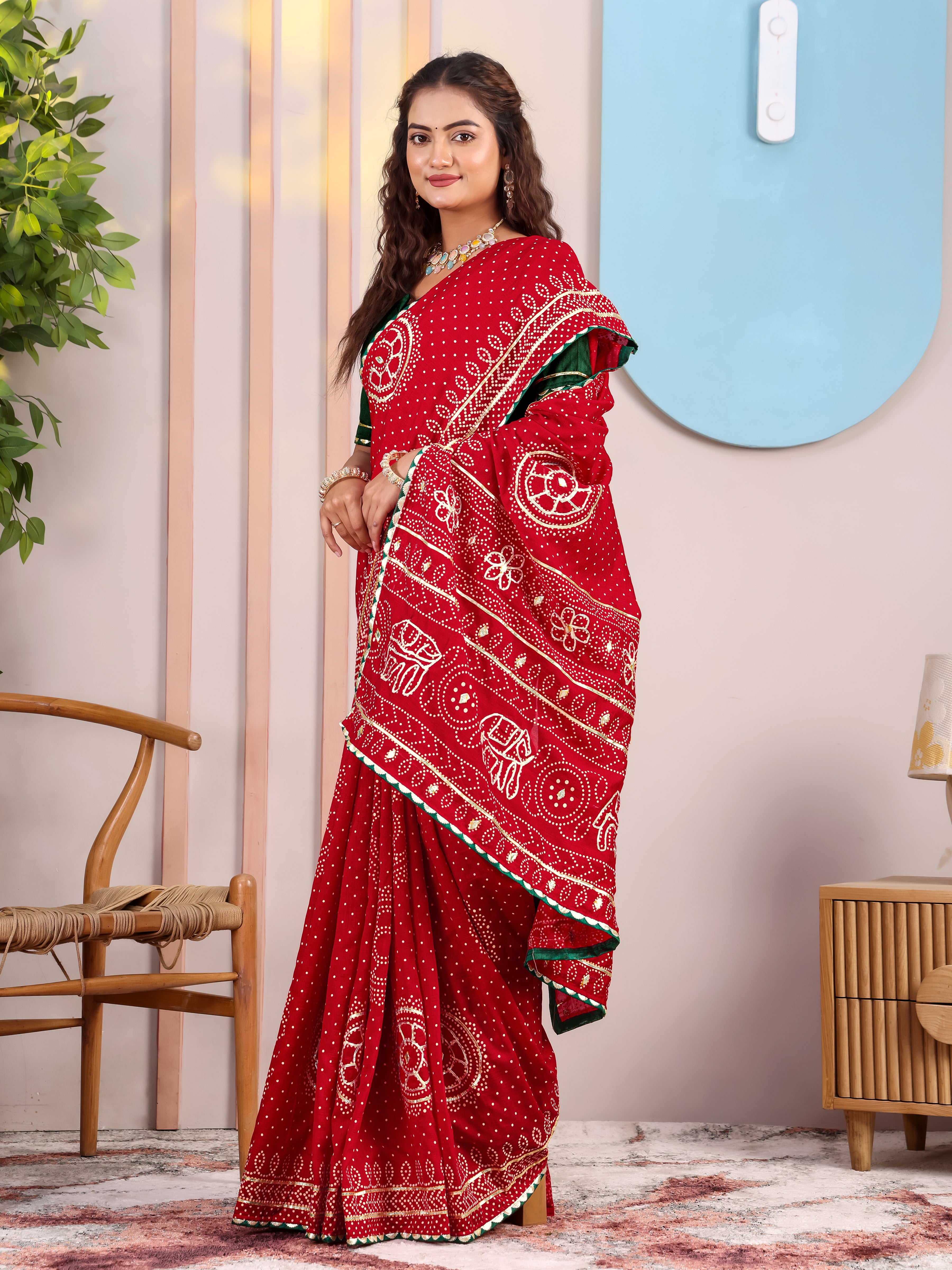 Red Round Bandhani On Pure Vichitra Silk Saree with Gota Patti Work