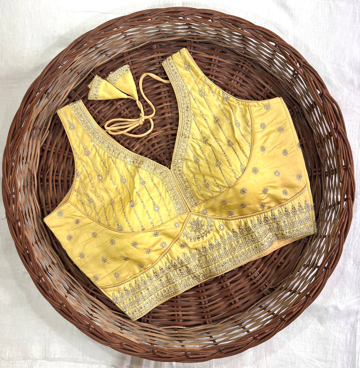 Yellow Thread Work Heavy Silk V-Neck Readymade Blouse