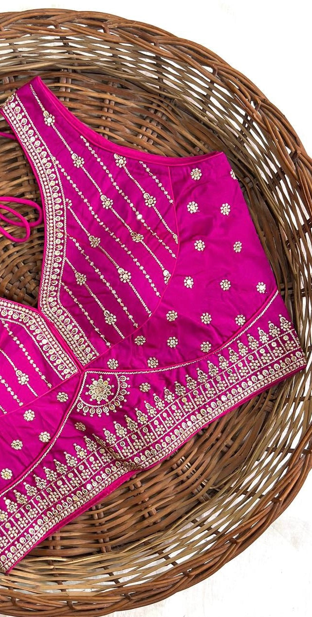 Dark Pink Thread Work Heavy Silk V-Neck Readymade Blouse