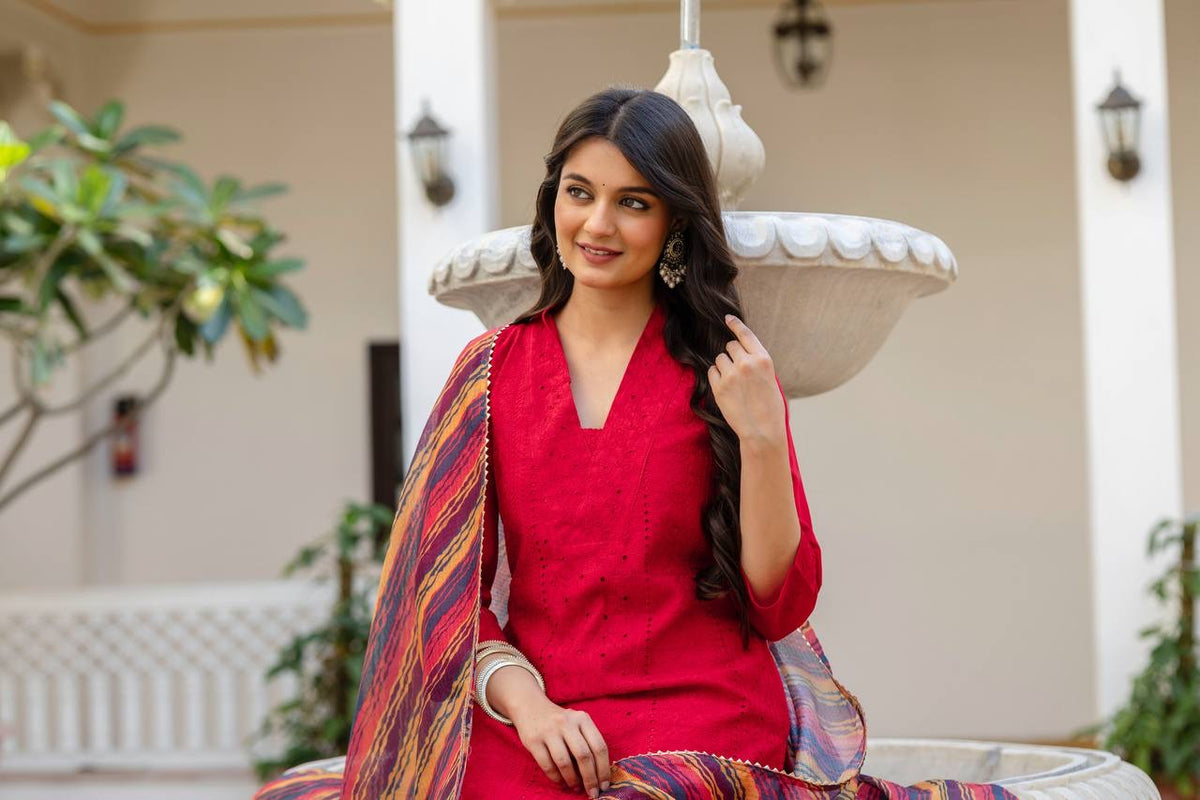 Red Roman Silk Chikan kari Work Kurti Set 