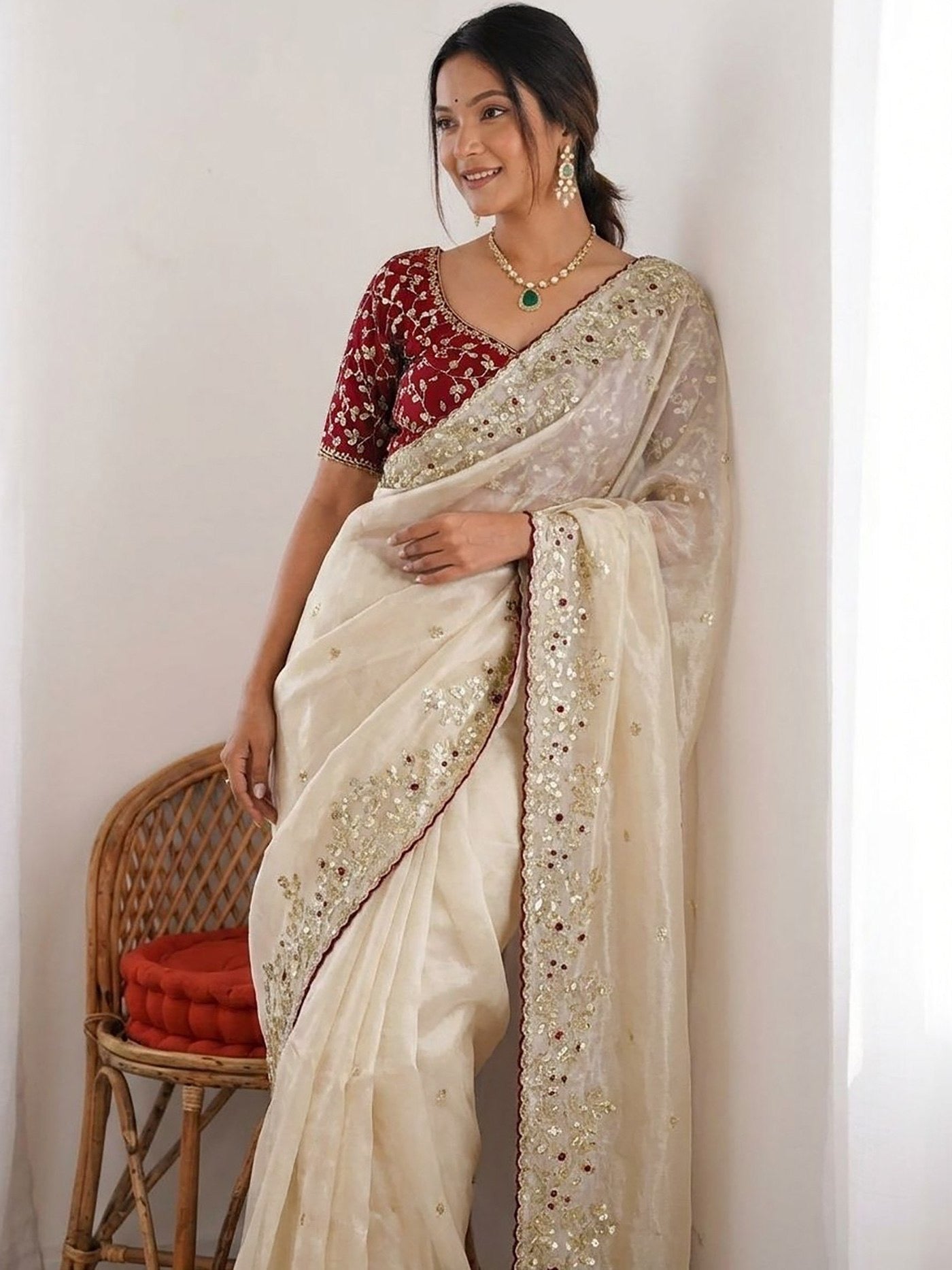 White Bangalori Designer Work Party Wear Saree