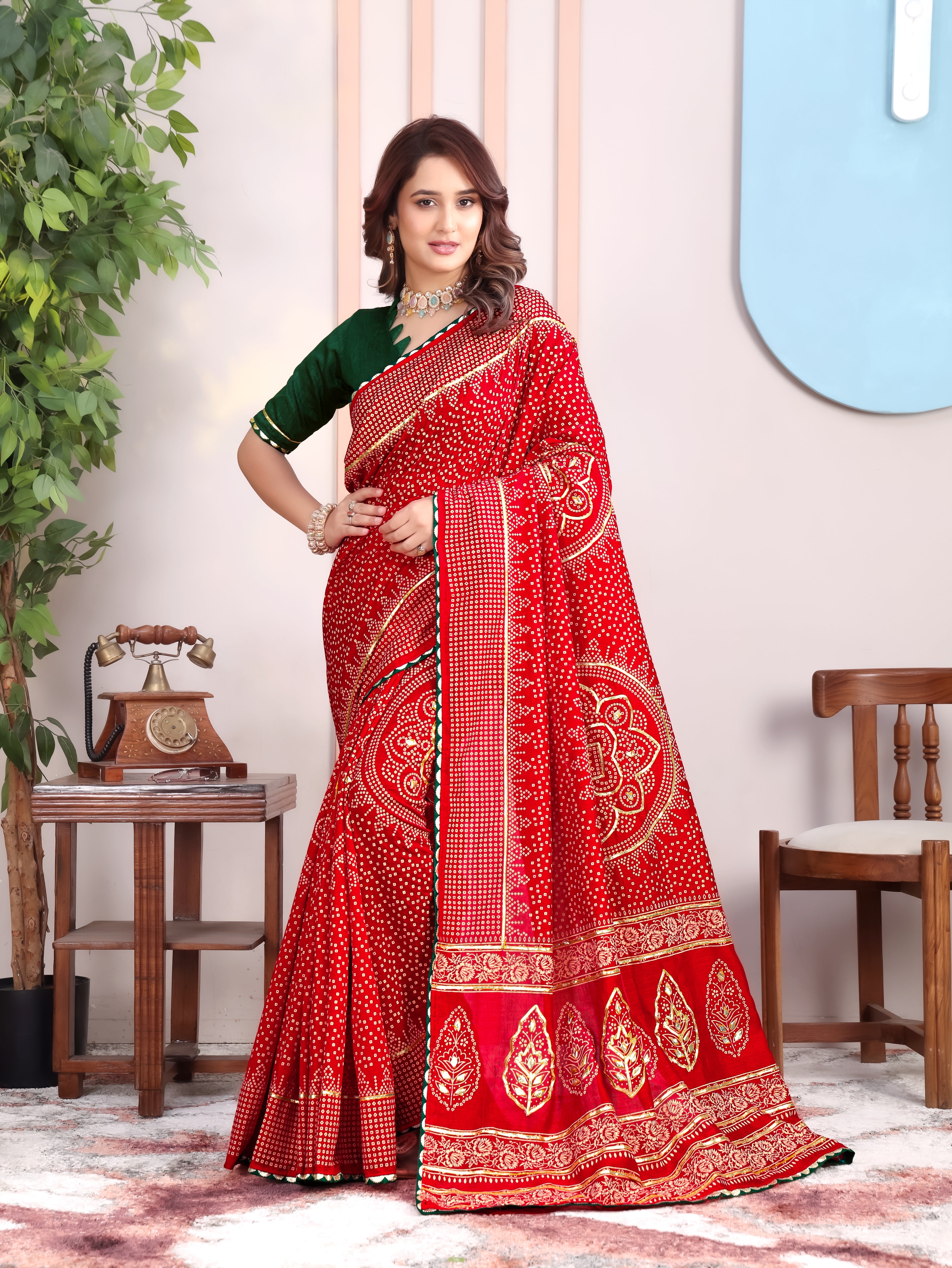 Red Asopalav Bandhani On Pure Vichitra Silk Saree with Gota Patti Work