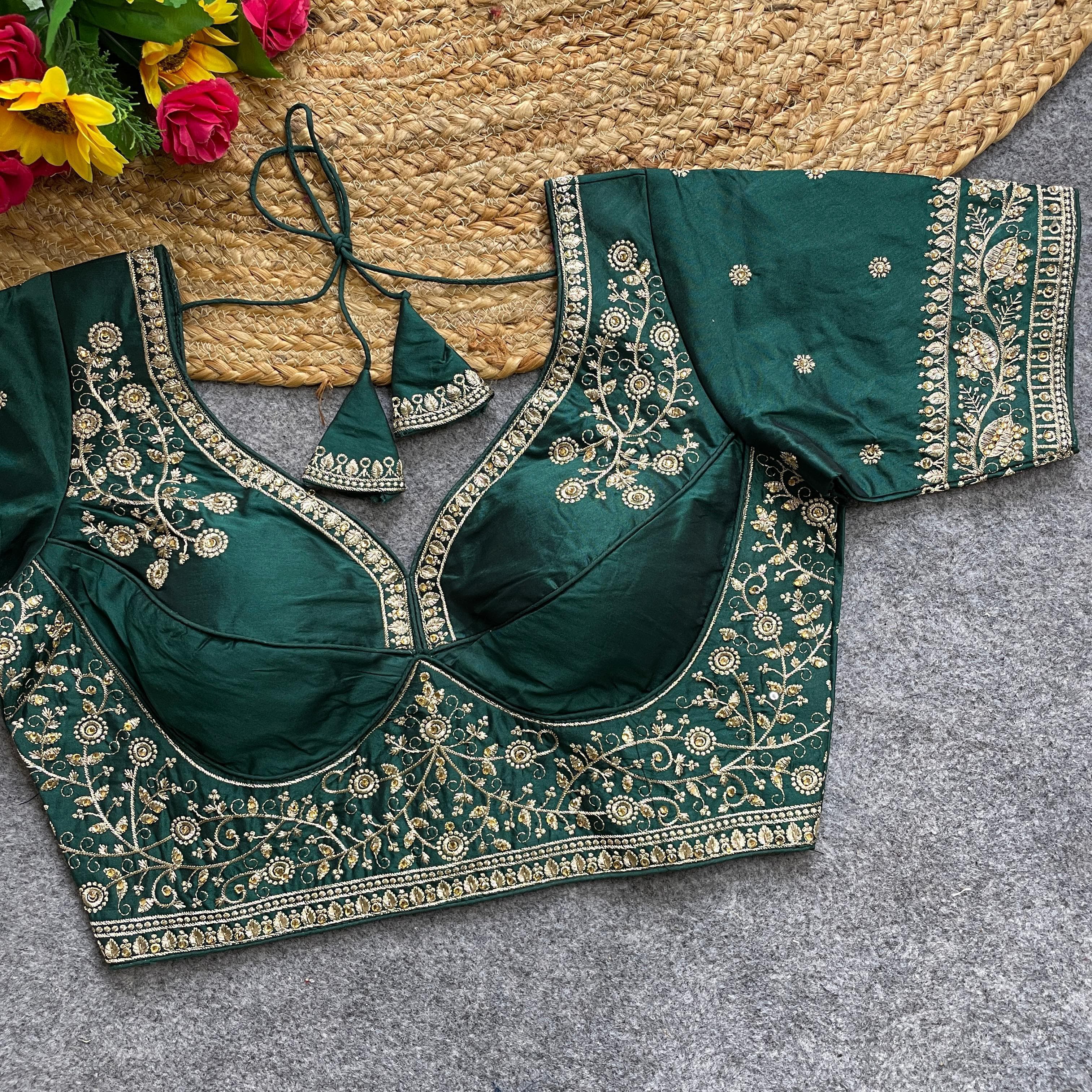 Green Handwork Heavy Silk Katori Pattern Readymade Blouse