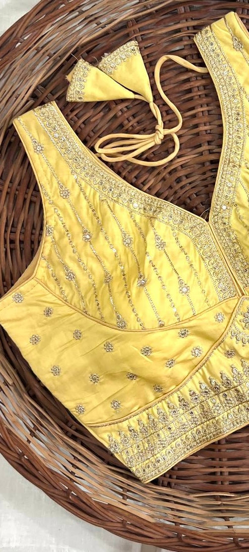 Yellow Thread Work Heavy Silk V-Neck Readymade Blouse