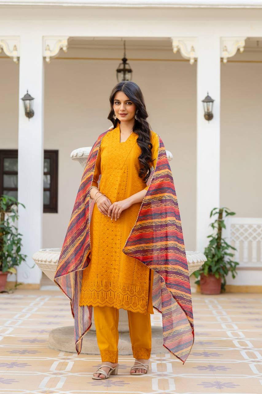 Yellow Roman Silk Chikan kari Work Kurti Set