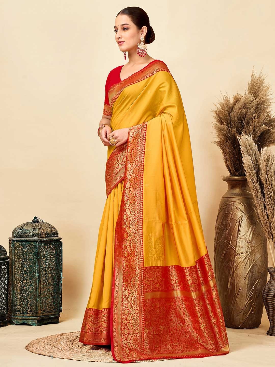 Yellow Silk Jacquard Weave Designer Saree