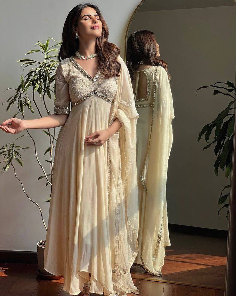 White Heavy Faux Georgette Embroidery And Mirror Work Anarkali Suit