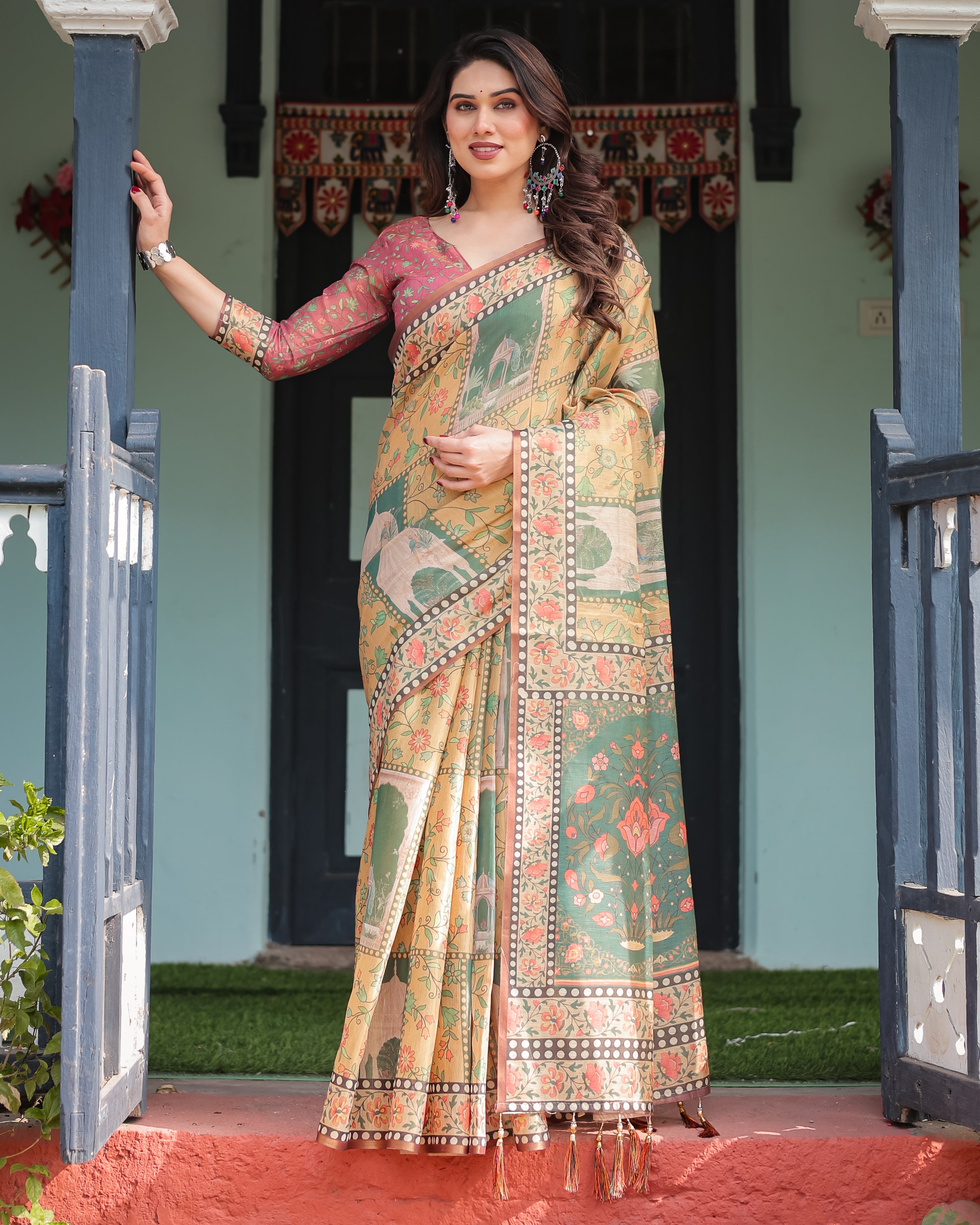 Mustard Yellow Mughal Artwork With Rich Ethnic Border Saree