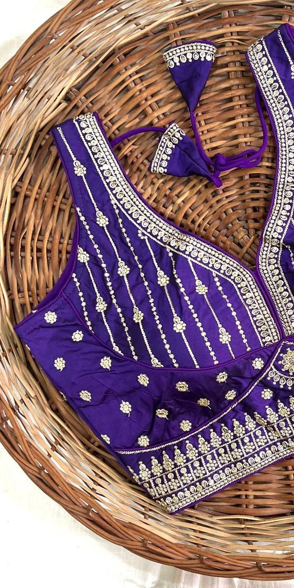 Purple Thread Work Heavu Silk V-Neck Readymade Blouse