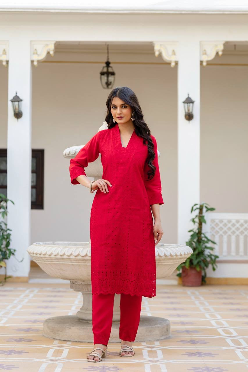 Red Roman Silk Chikan kari Work Kurti Set 