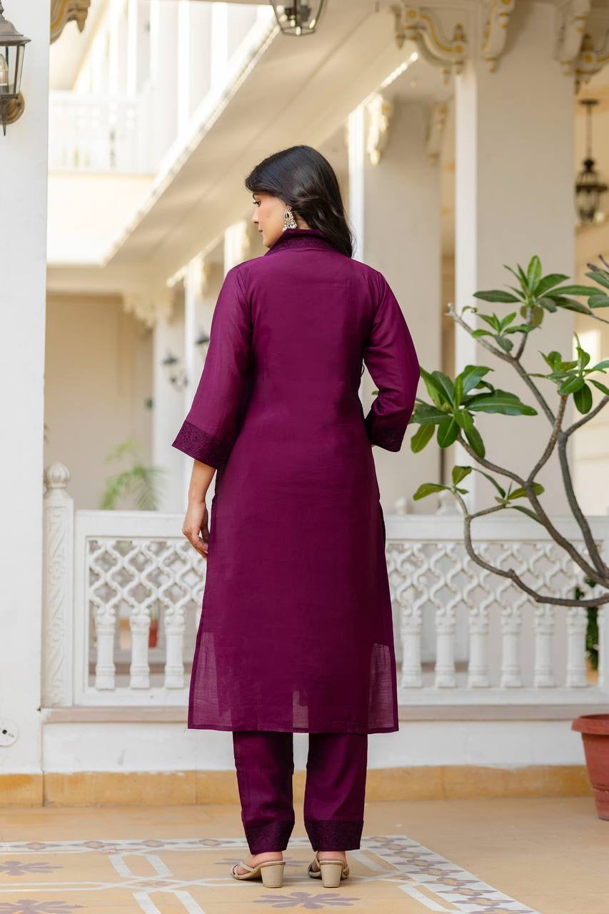Maroon Roman Silk Chikan kari Work Kurti Set