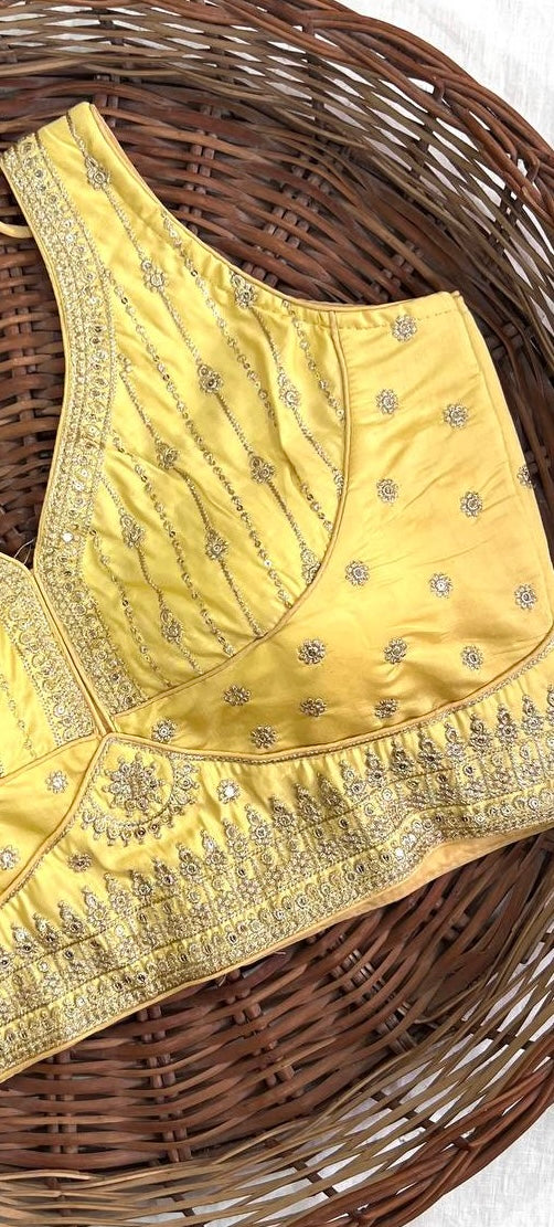 Yellow Thread Work Heavy Silk V-Neck Readymade Blouse