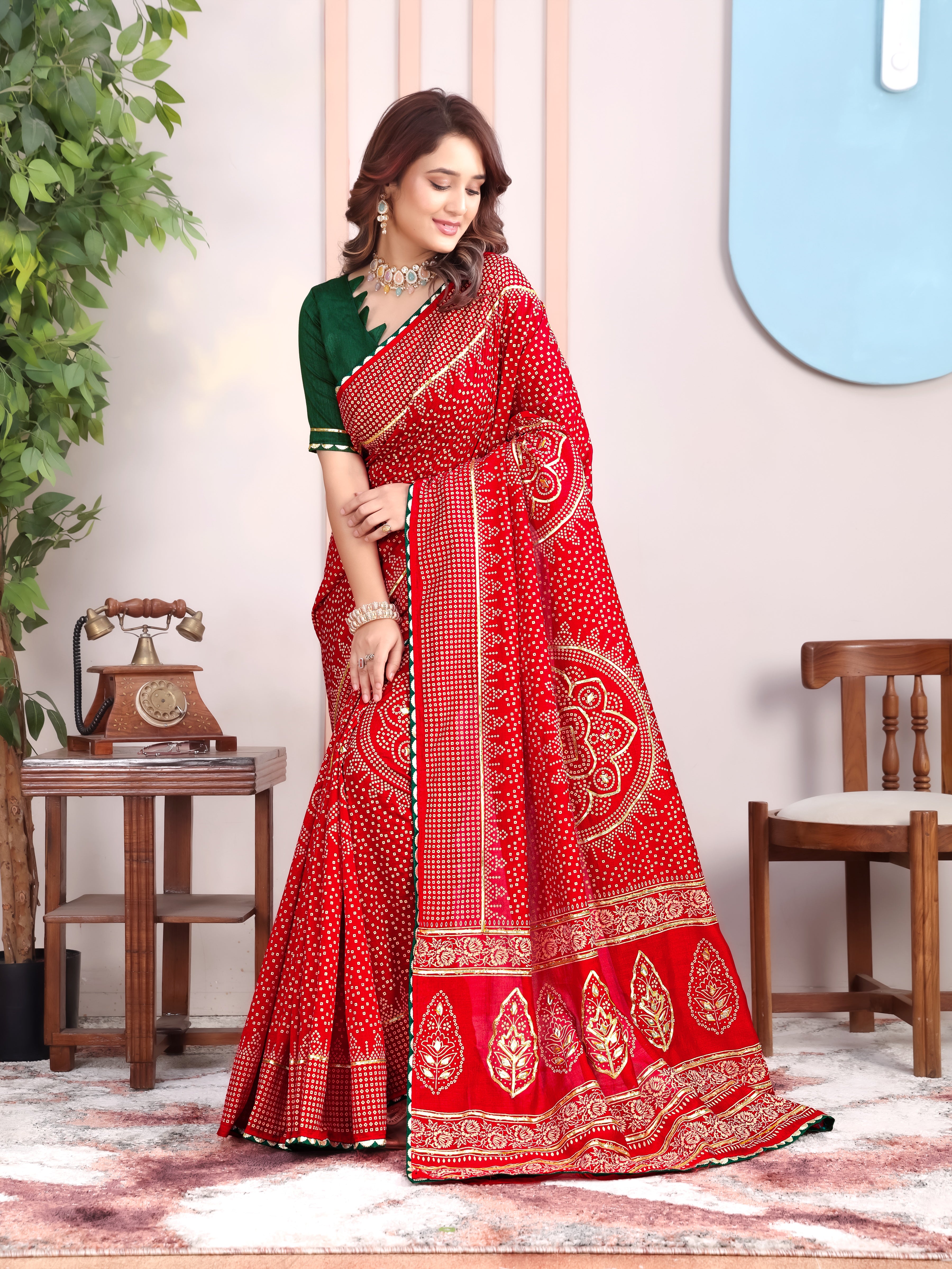 Red Asopalav Bandhani On Pure Vichitra Silk Saree with Gota Patti Work
