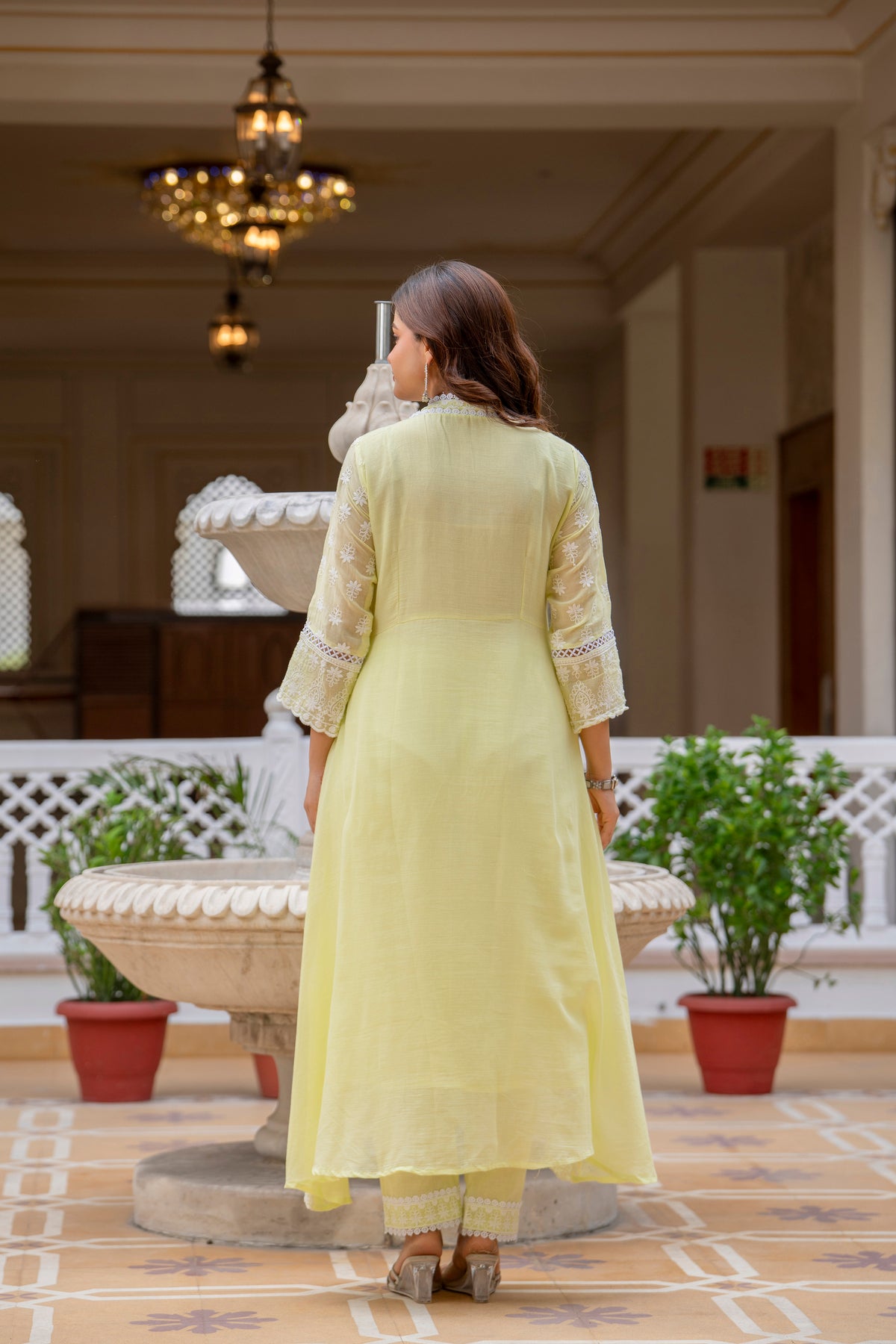 Lemon Pure Mal Cotton lakhnowi Work Kurti Set
