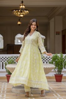 Lemon Pure Mal Cotton lakhnowi Work Kurti Set